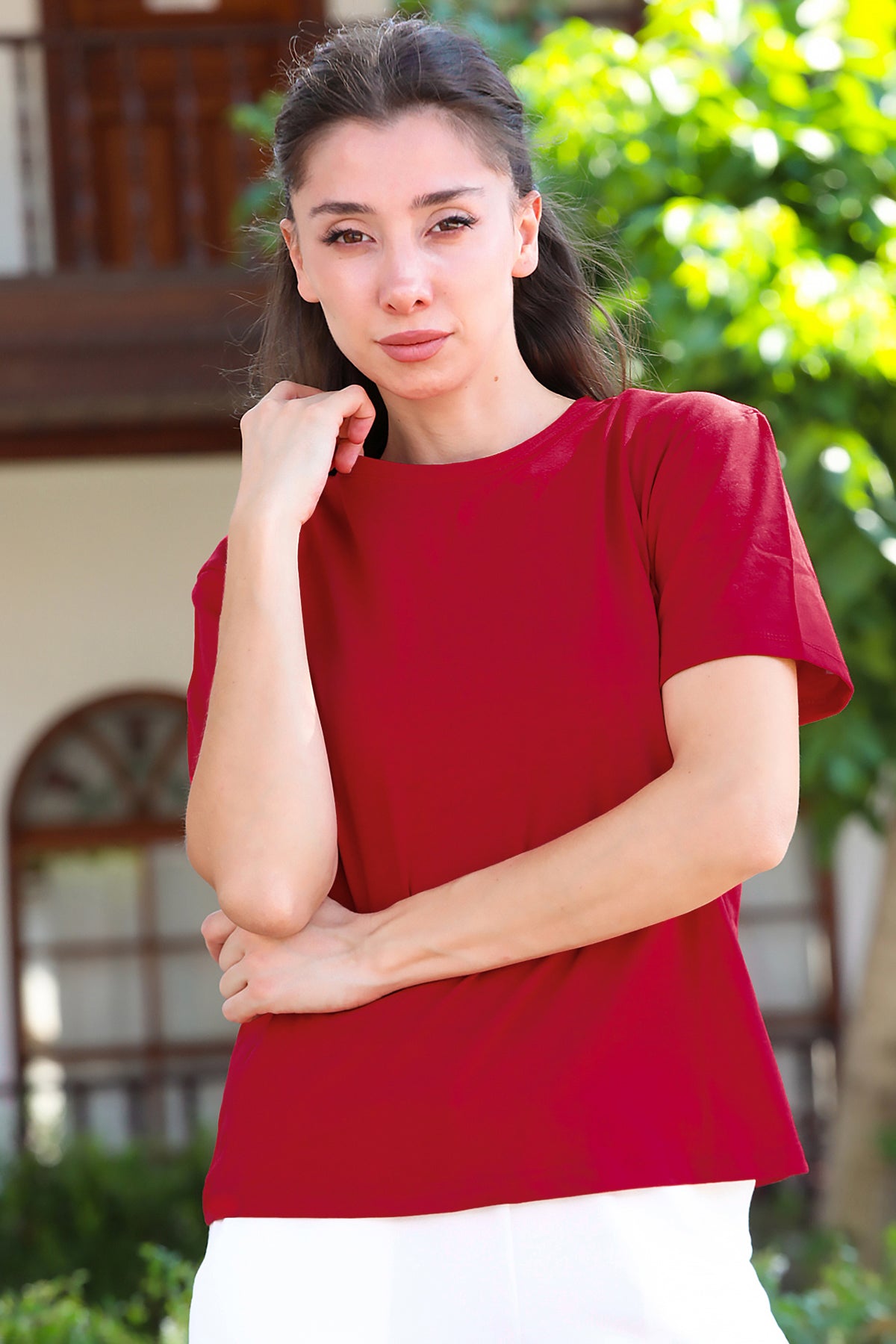 Kadın Bisiklet Yaka T-Shirt Bordo