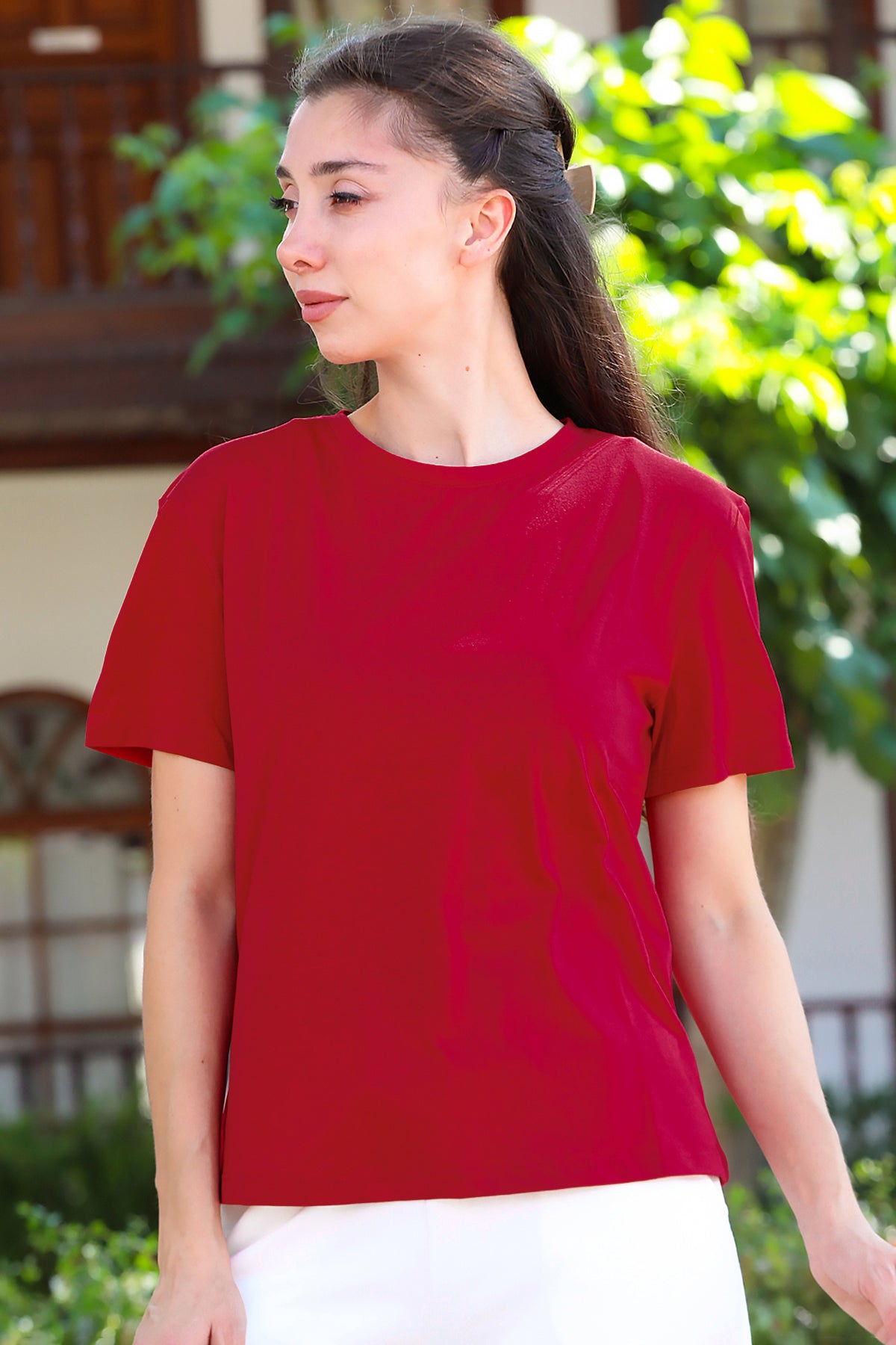 Kadın Bisiklet Yaka T-Shirt Bordo