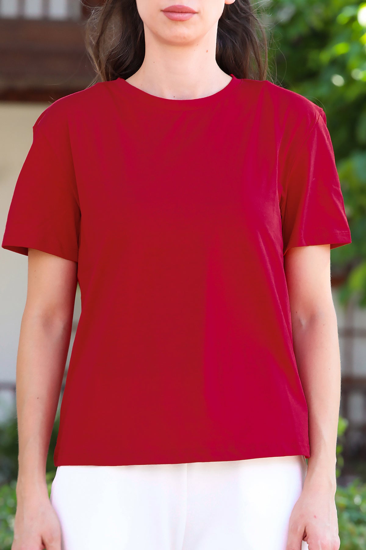 Kadın Bisiklet Yaka T-Shirt Bordo