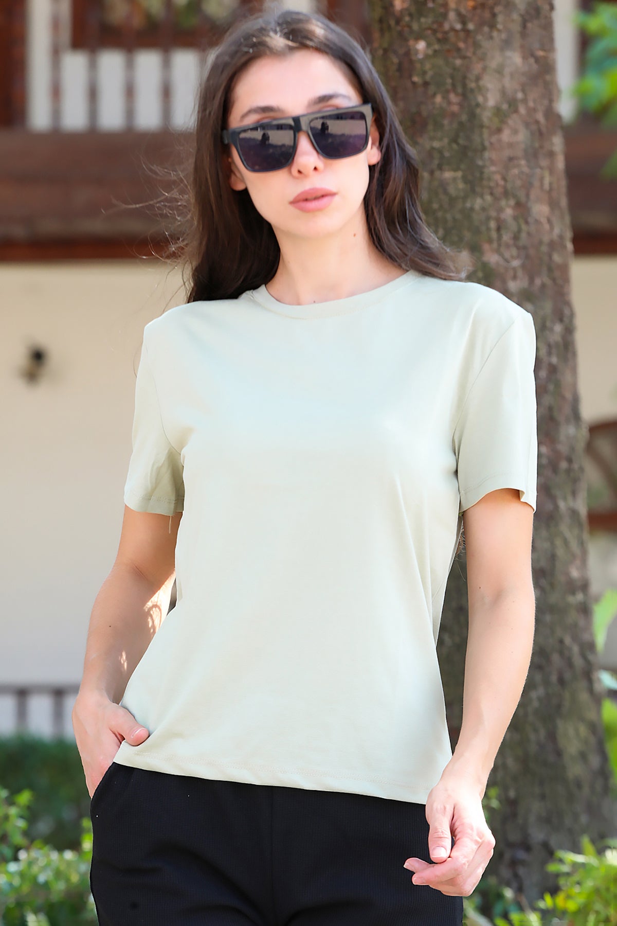 Kadın Bisiklet Yaka T-Shirt Haki
