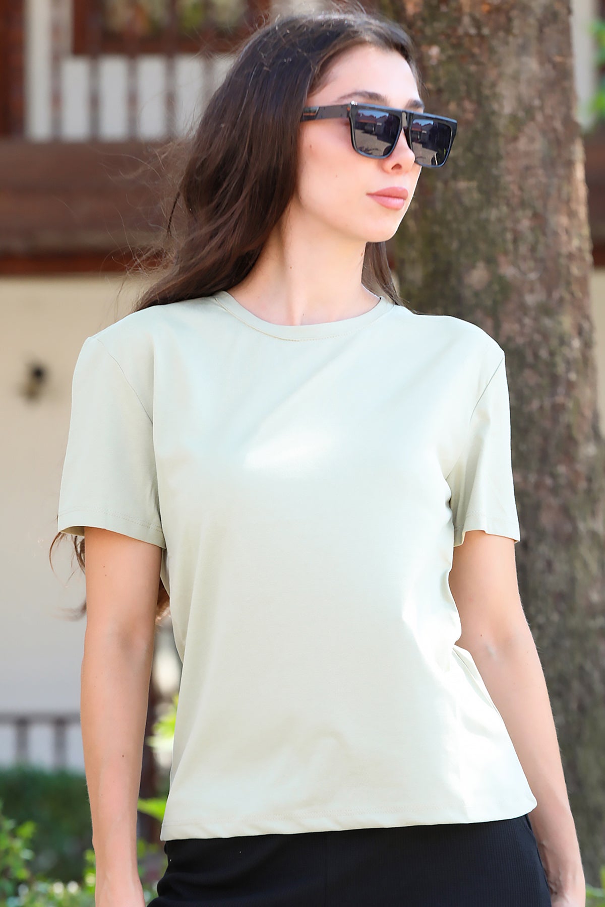 Kadın Bisiklet Yaka T-Shirt Haki