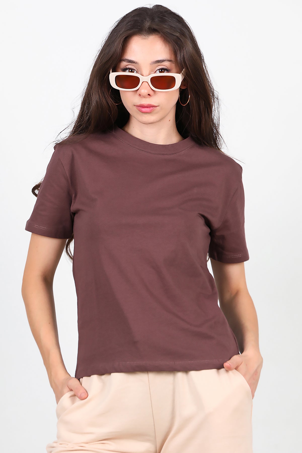 Kadın Bisiklet Yaka T-Shirt Kahverengi