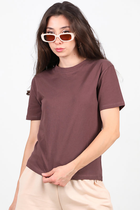 Kadın Bisiklet Yaka T-Shirt Kahverengi