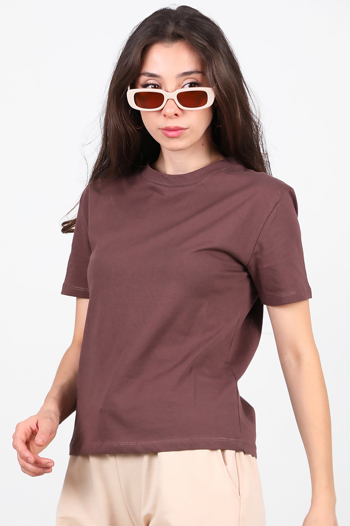 Kadın Bisiklet Yaka T-Shirt Kahverengi