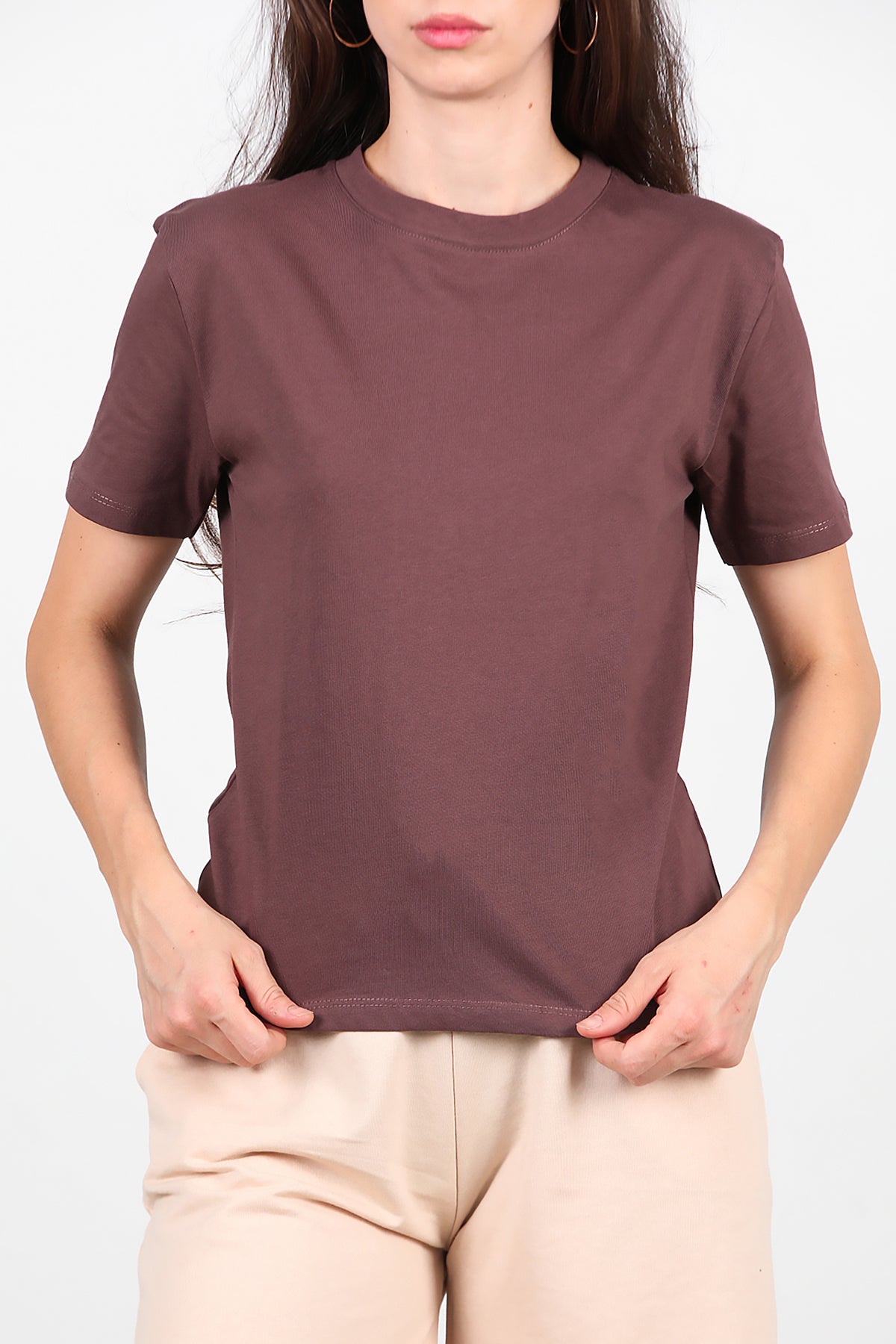 Kadın Bisiklet Yaka T-Shirt Kahverengi