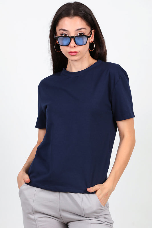 Kadın Bisiklet Yaka T-Shirt Lacivert