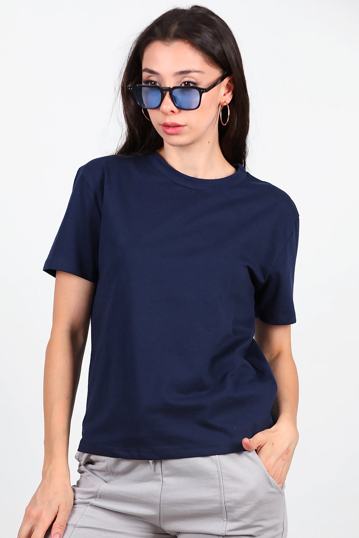 Kadın Bisiklet Yaka T-Shirt Lacivert