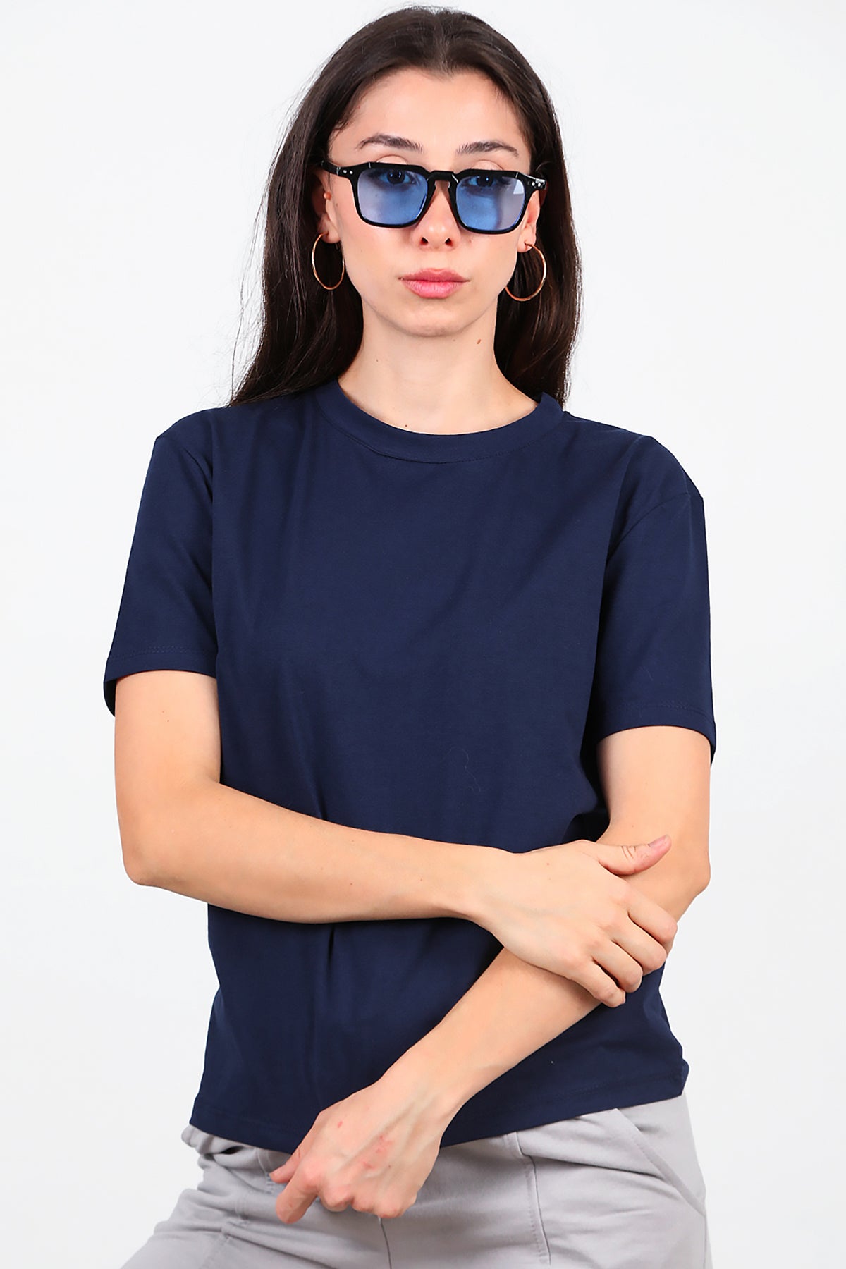 Kadın Bisiklet Yaka T-Shirt Lacivert