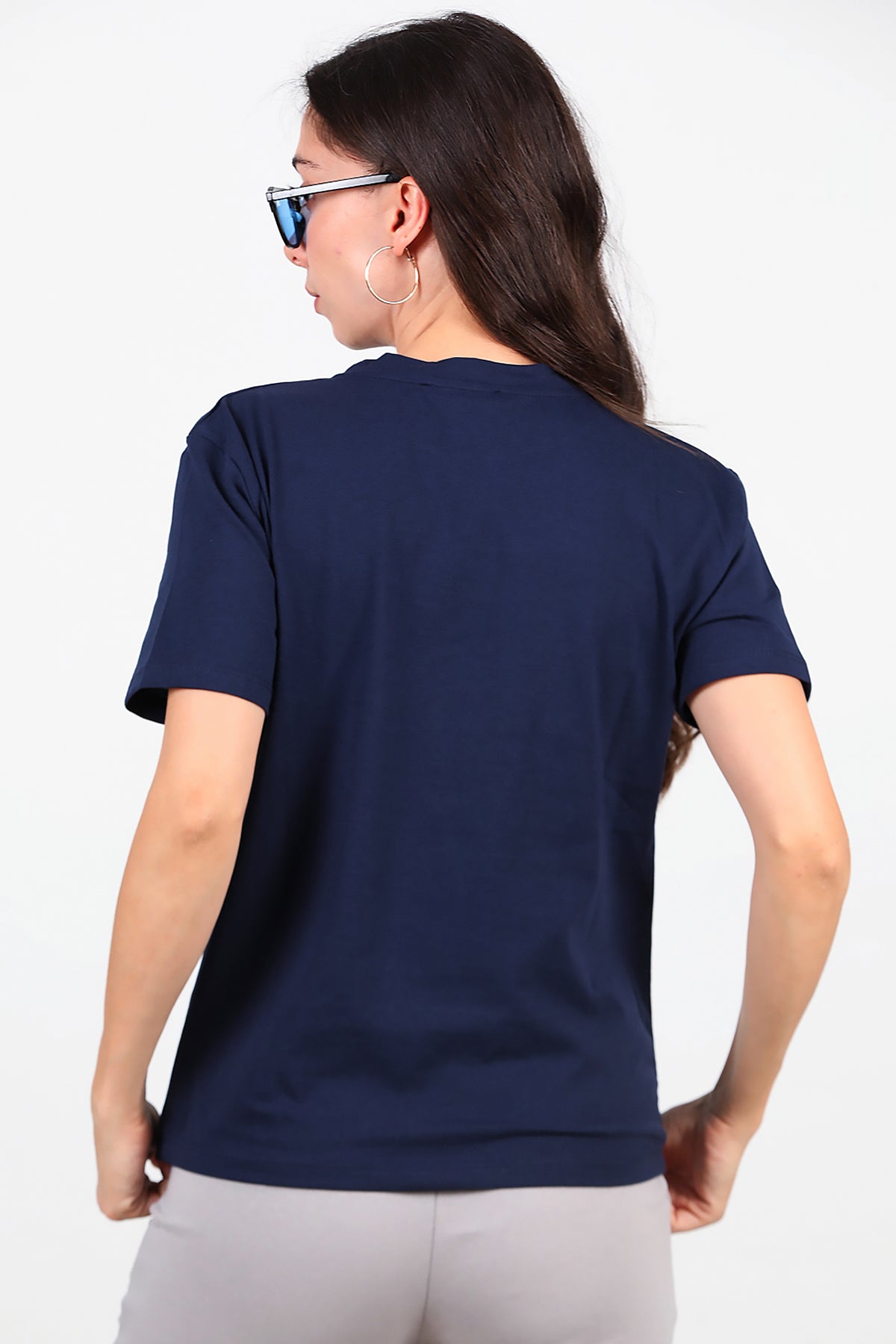 Kadın Bisiklet Yaka T-Shirt Lacivert