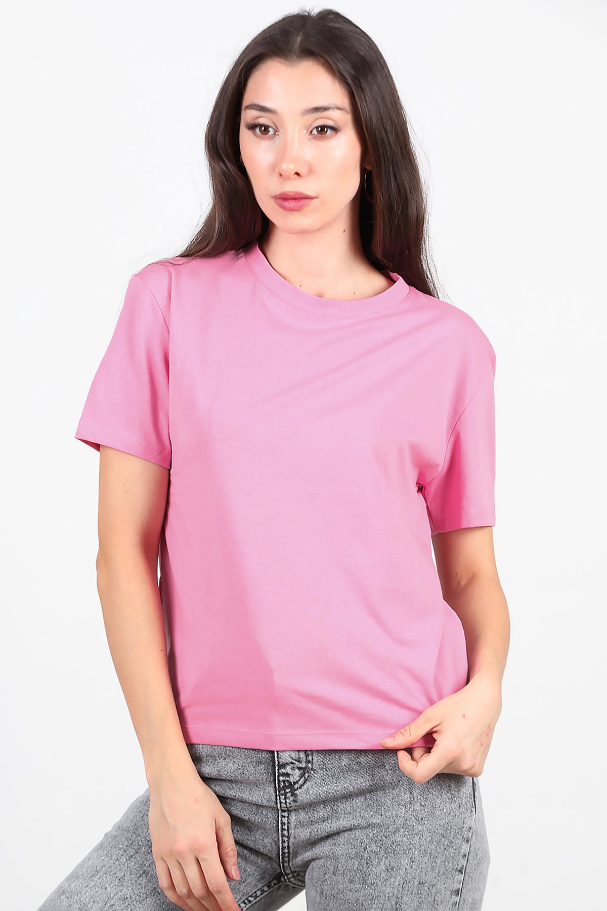 Kadın Bisiklet Yaka T-Shirt Pembe