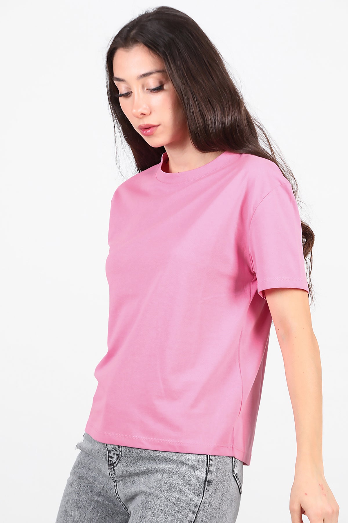 Kadın Bisiklet Yaka T-Shirt Pembe