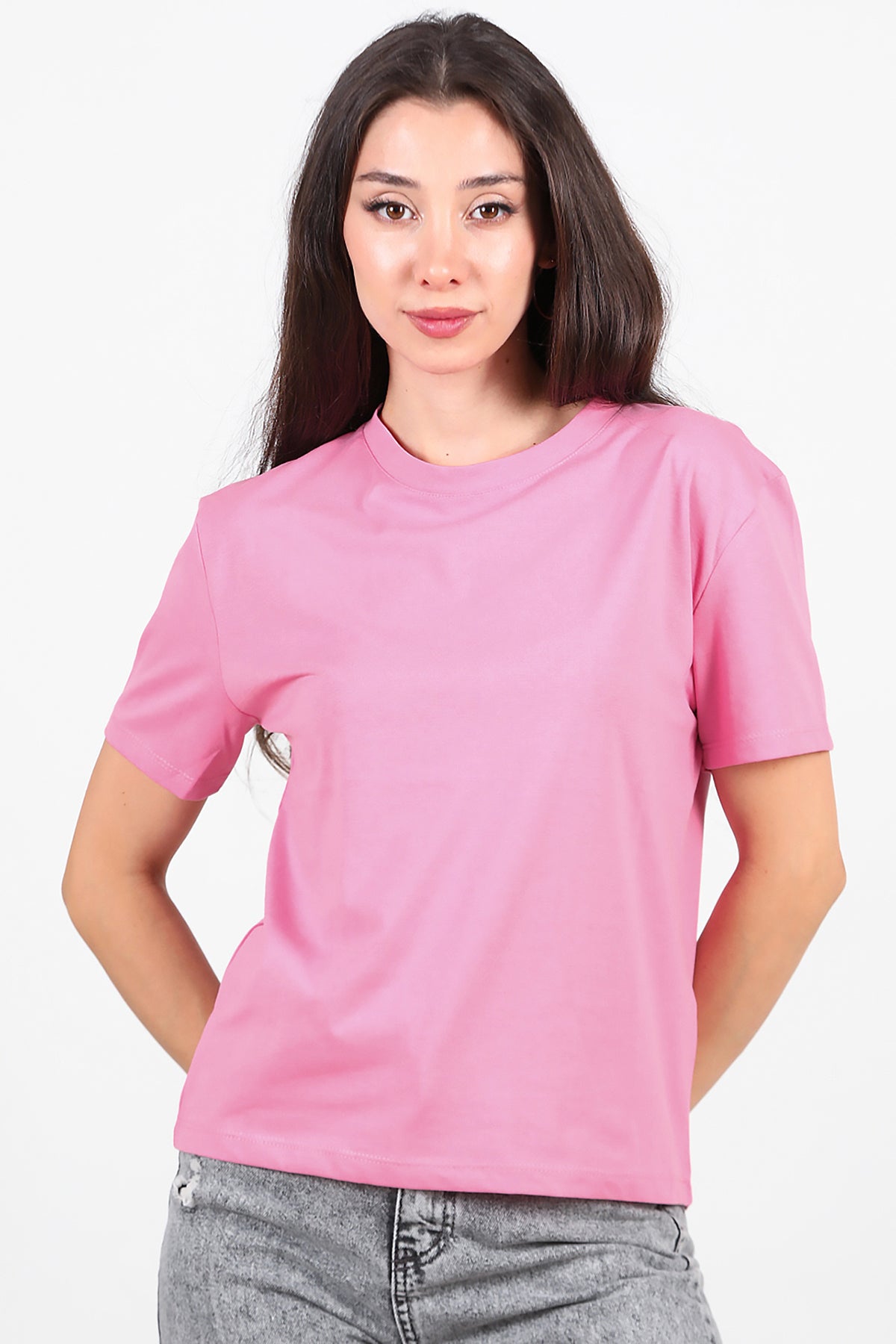 Kadın Bisiklet Yaka T-Shirt Pembe