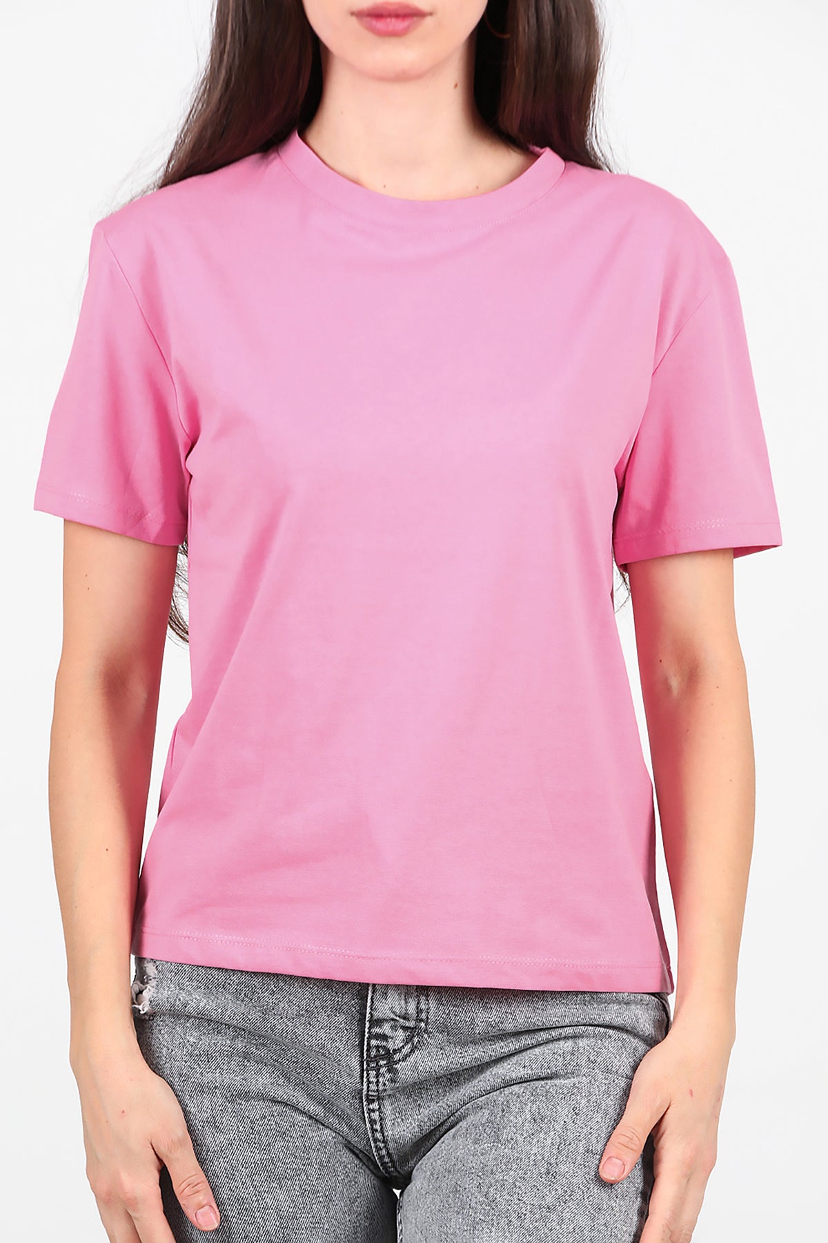 Kadın Bisiklet Yaka T-Shirt Pembe