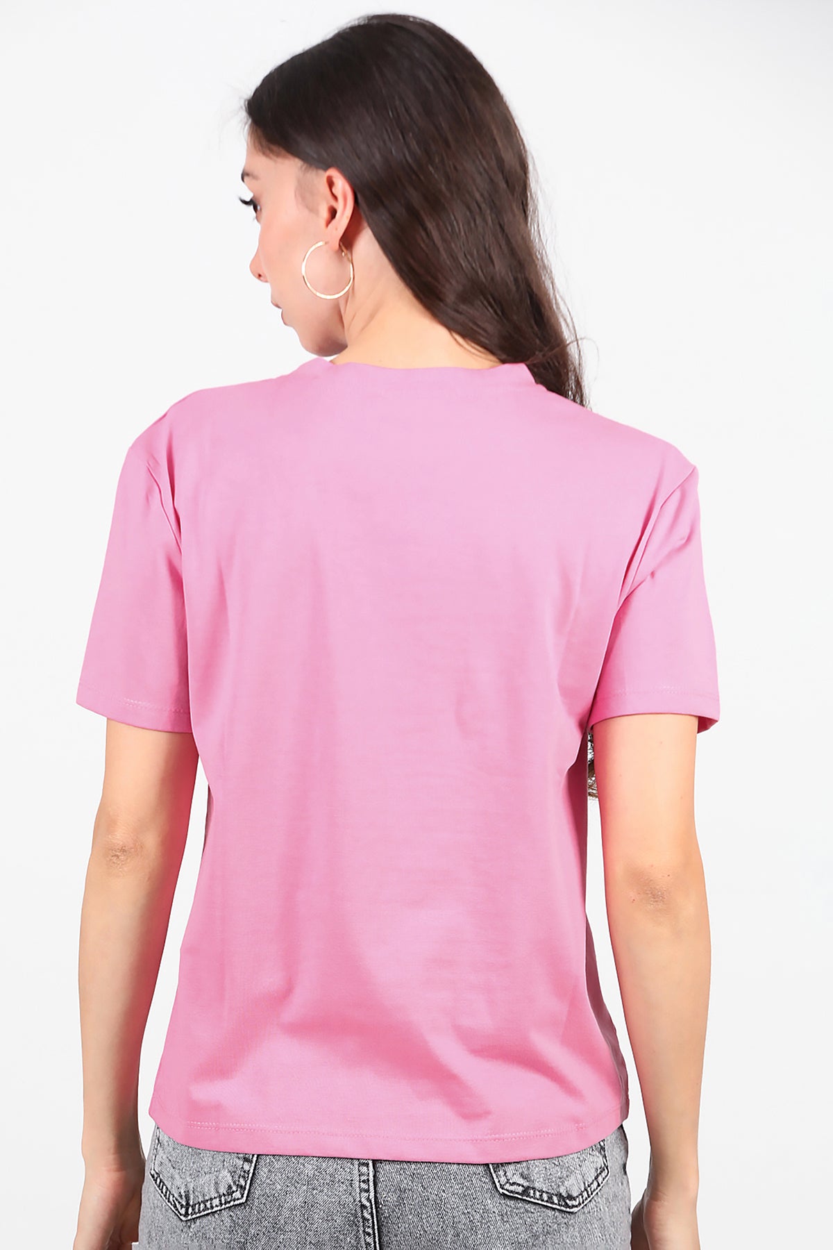 Kadın Bisiklet Yaka T-Shirt Pembe