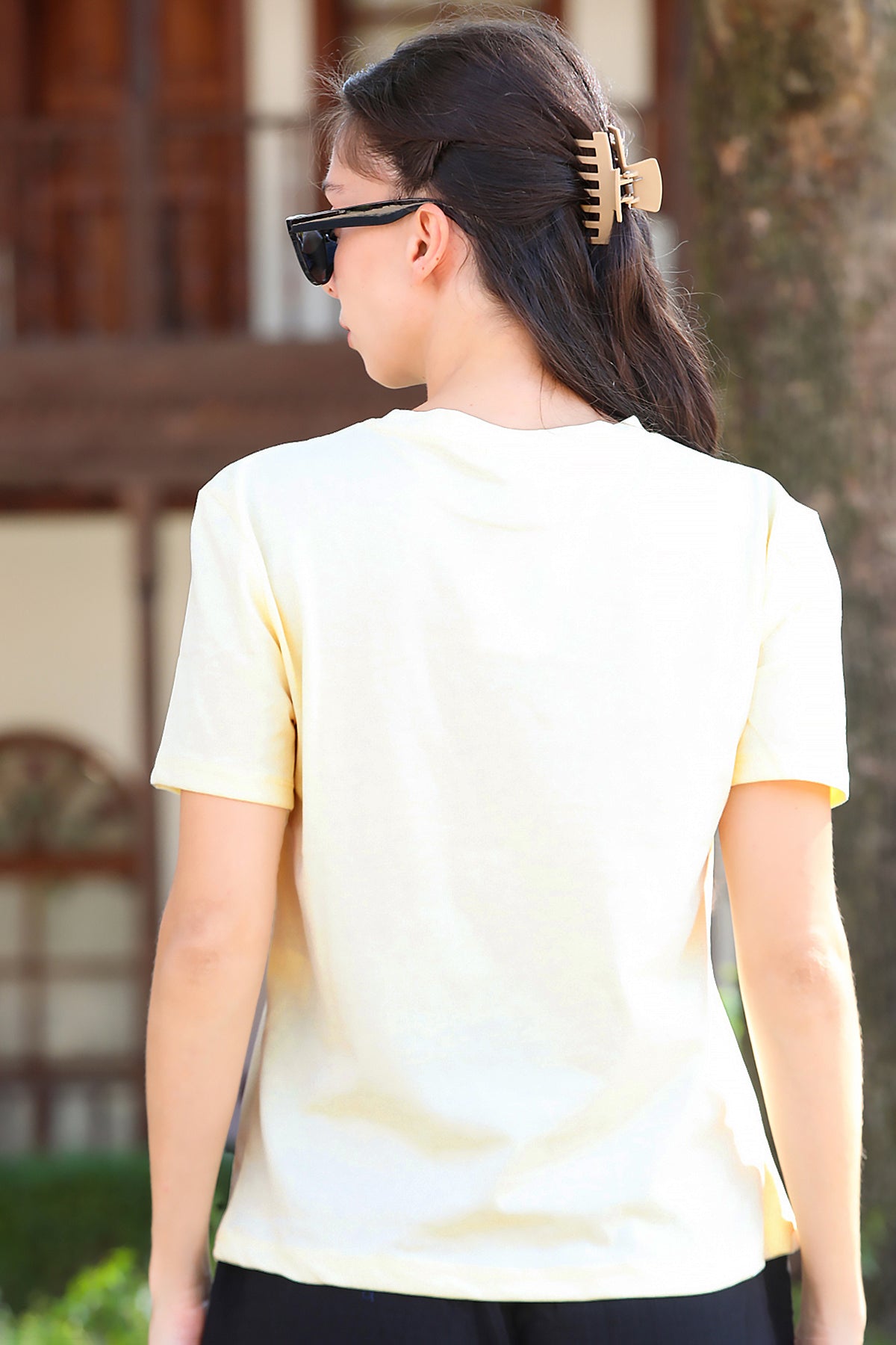 Kadın Bisiklet Yaka T-Shirt Sarı