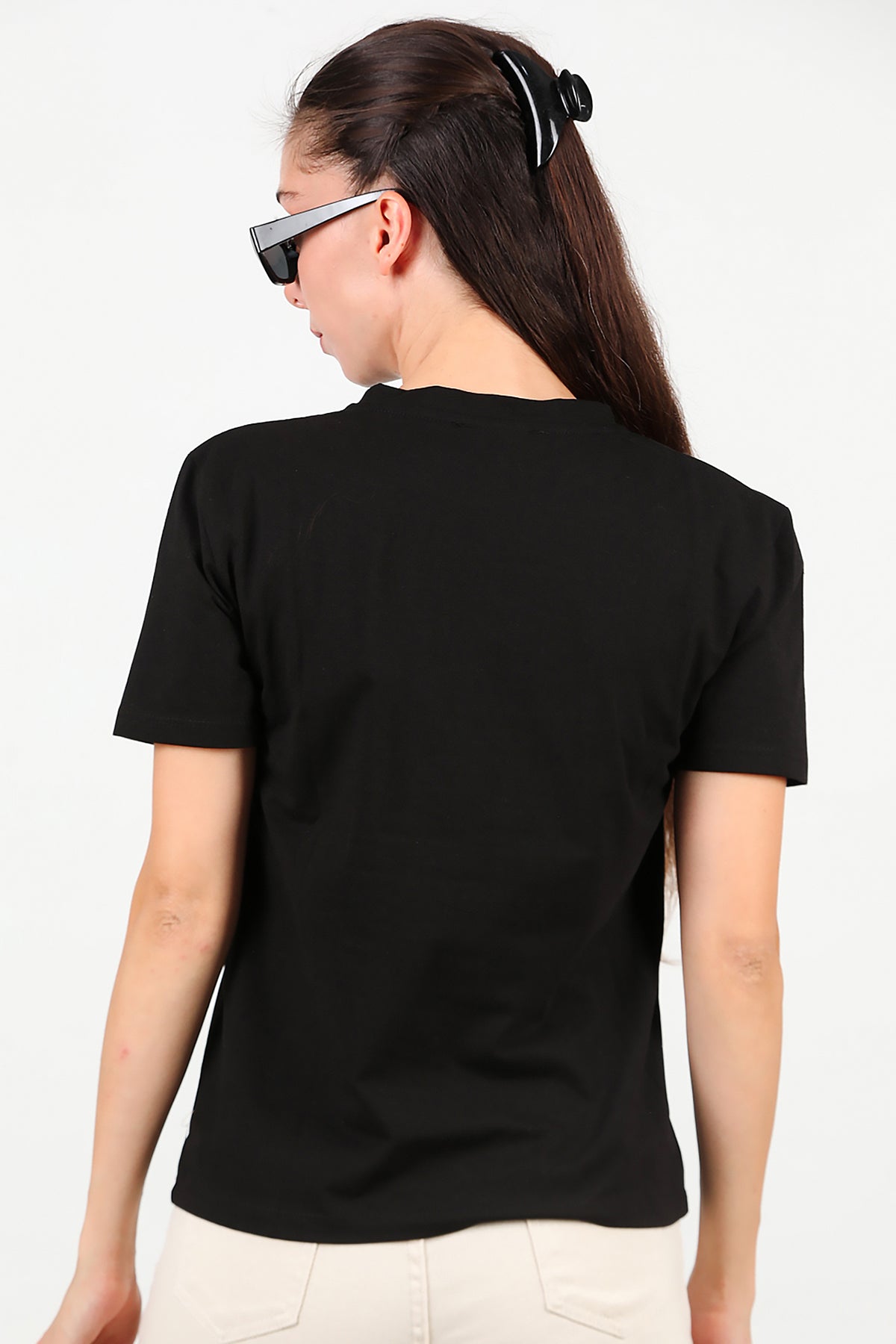 Kadın Bisiklet Yaka T-Shirt Siyah