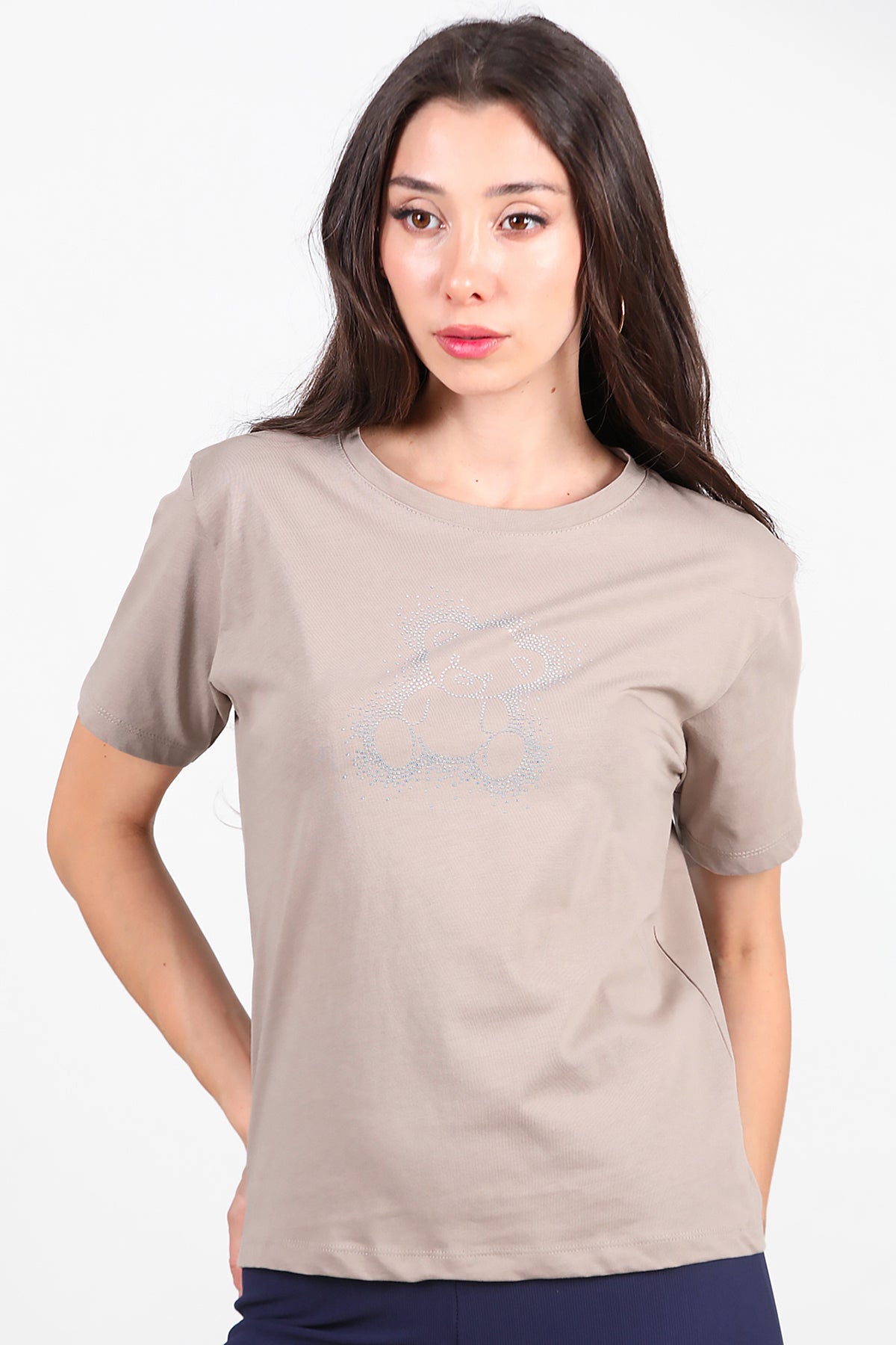 Kadın Taş Baskılı T-Shirt Vizon