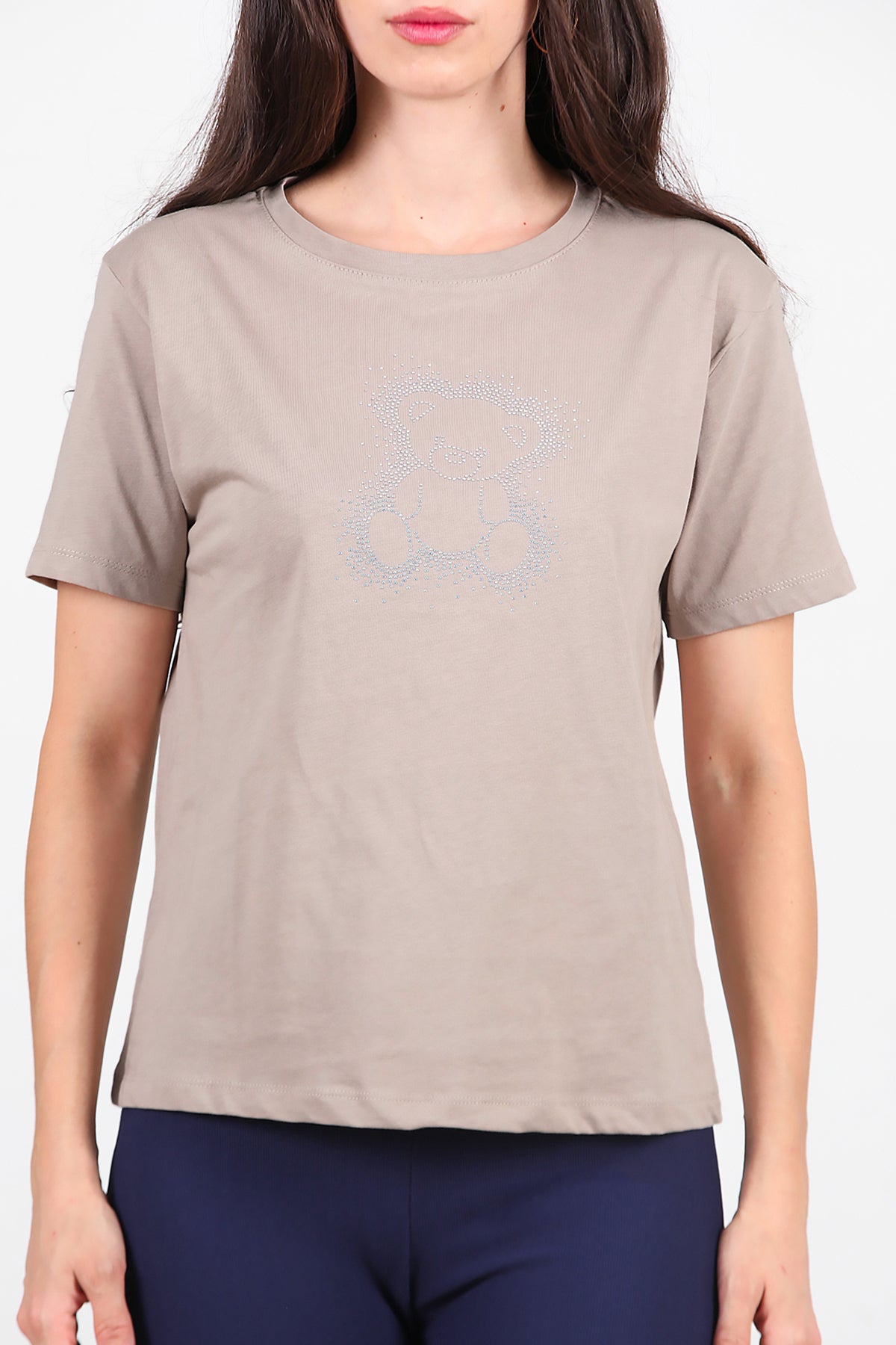 Kadın Taş Baskılı T-Shirt Vizon