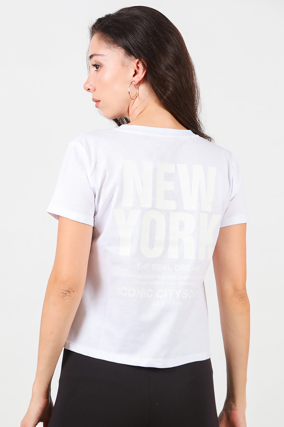 Kadın Ön-arka Baskılı T-Shirt Beyaz