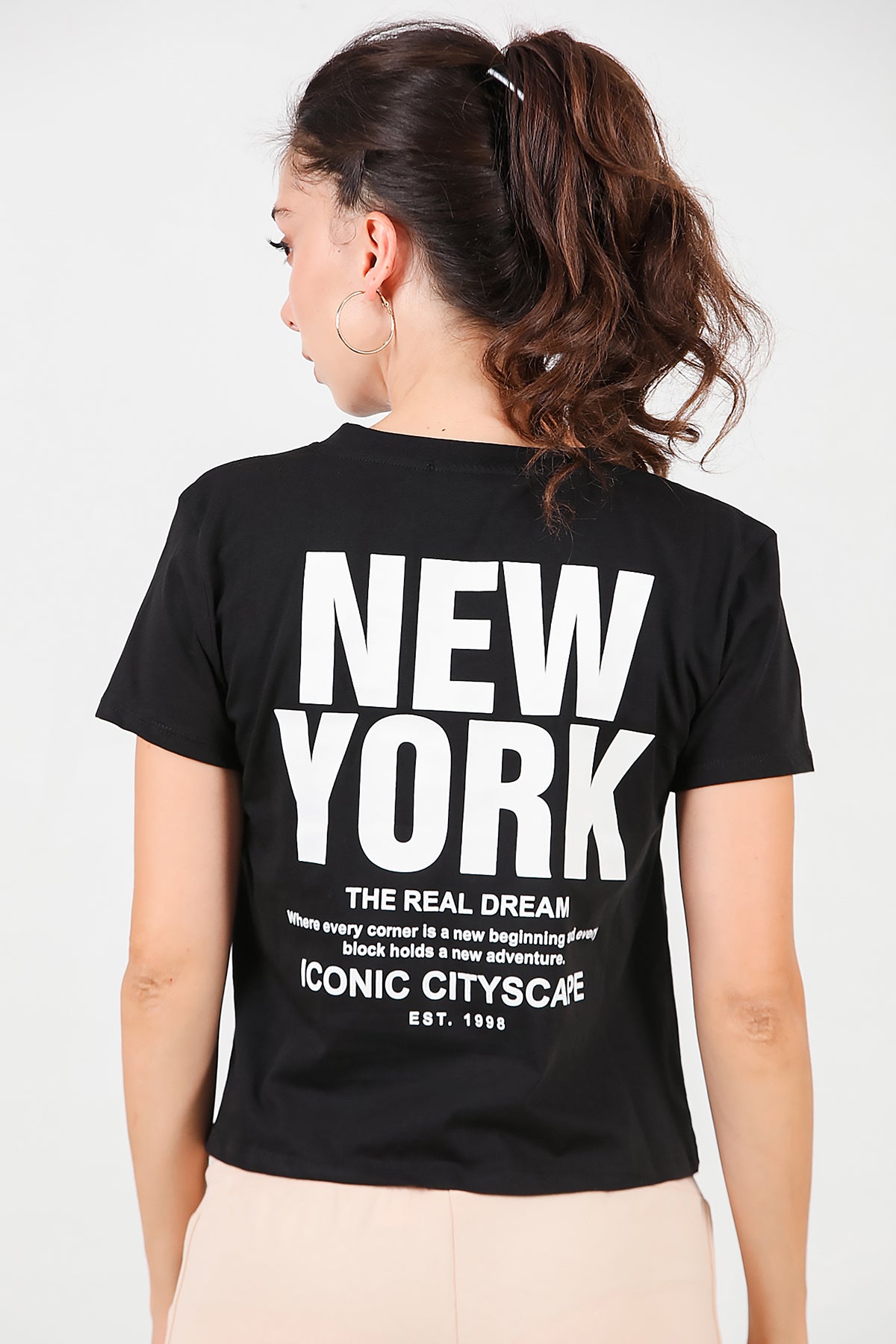 Kadın Ön-arka Baskılı T-Shirt Siyah