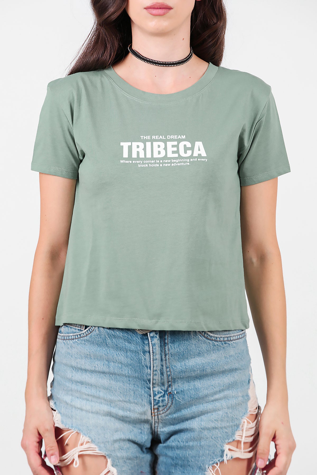 Kadın Ön-arka Baskılı T-Shirt Yeşil