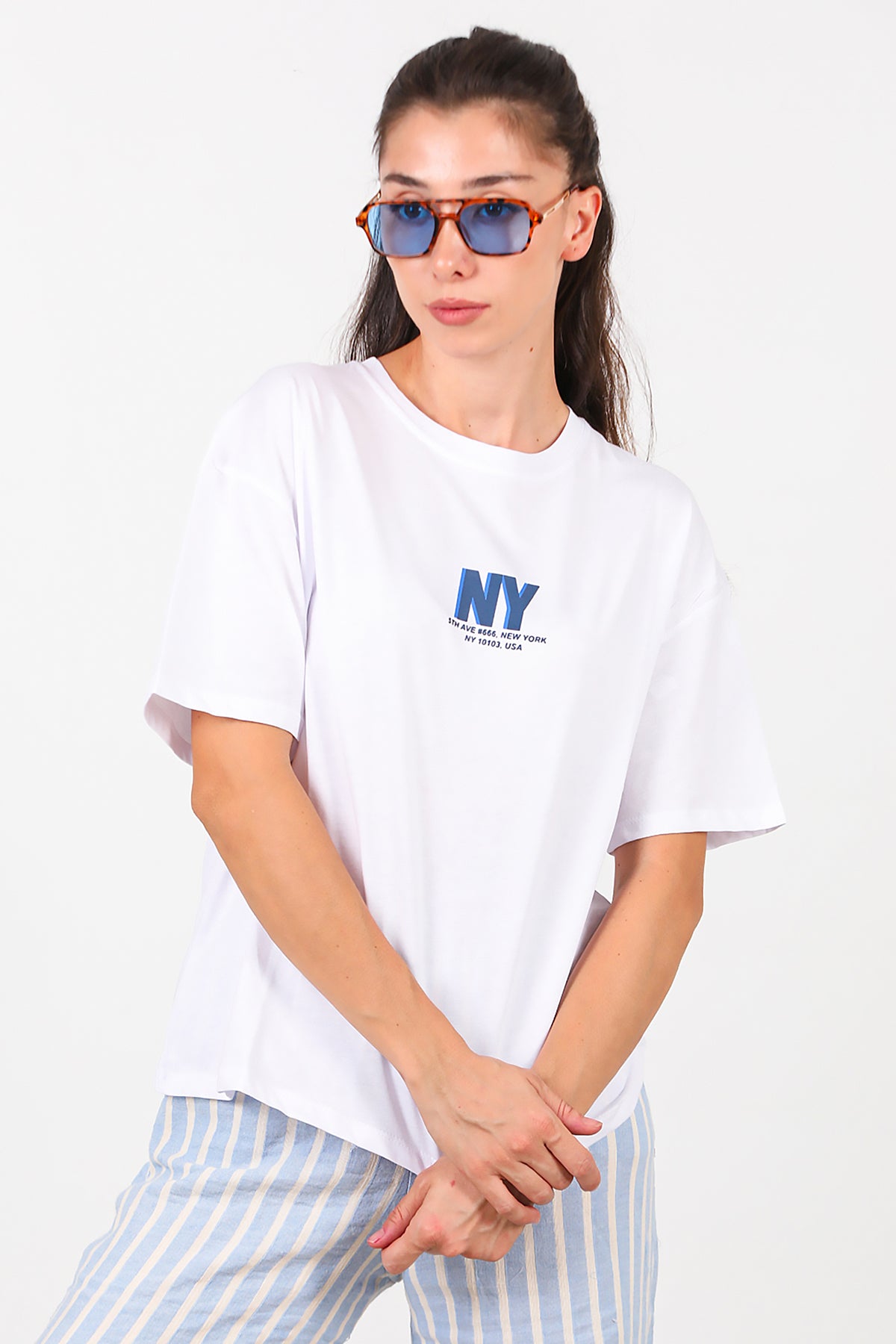 Kadın Ön Arka Baskılı T-Shirt Beyaz