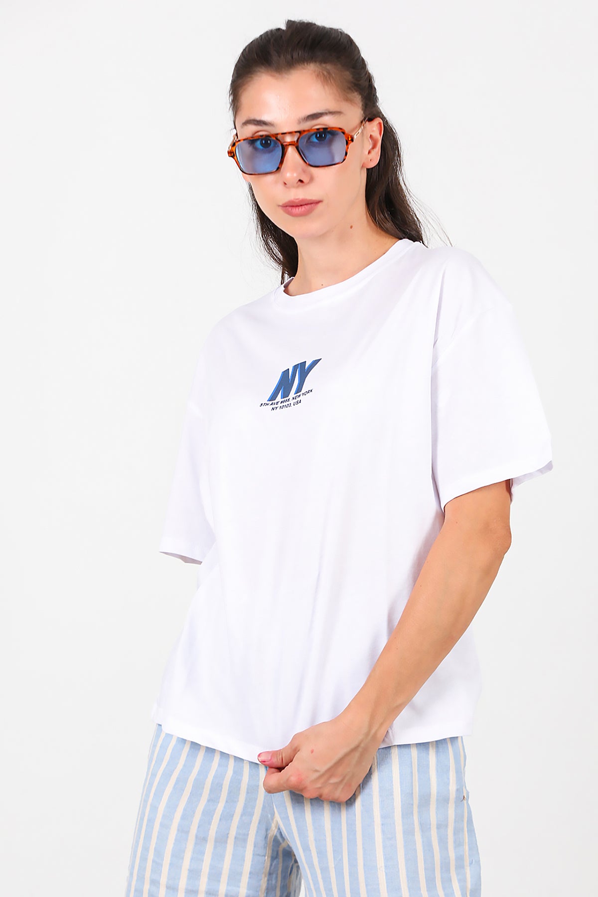 Kadın Ön Arka Baskılı T-Shirt Beyaz