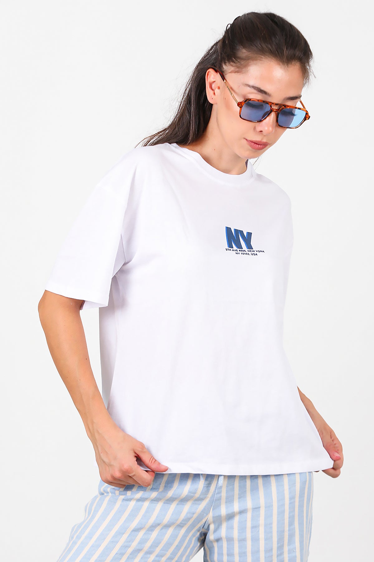 Kadın Ön Arka Baskılı T-Shirt Beyaz