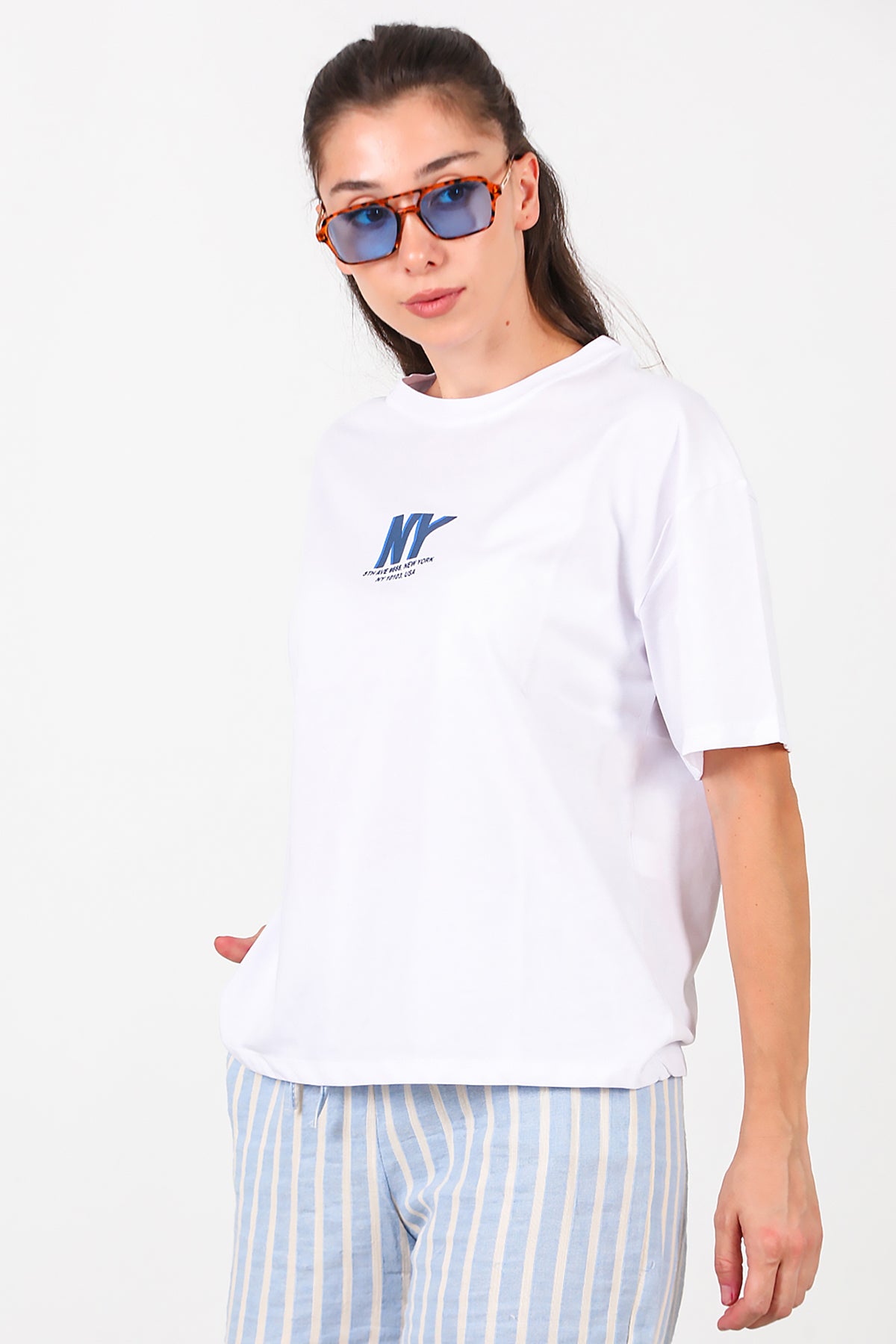 Kadın Ön Arka Baskılı T-Shirt Beyaz