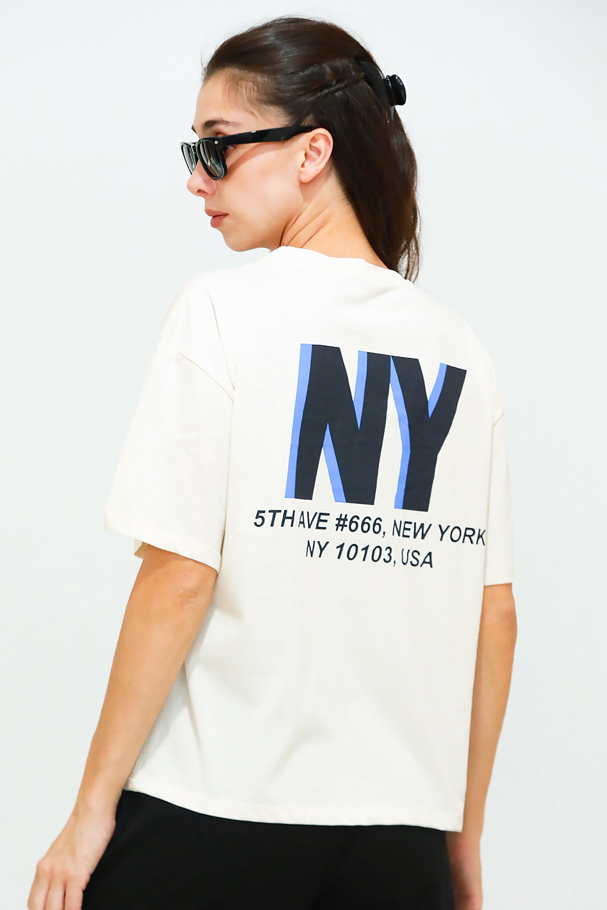 Kadın Ön Arka Baskılı T-Shirt Krem