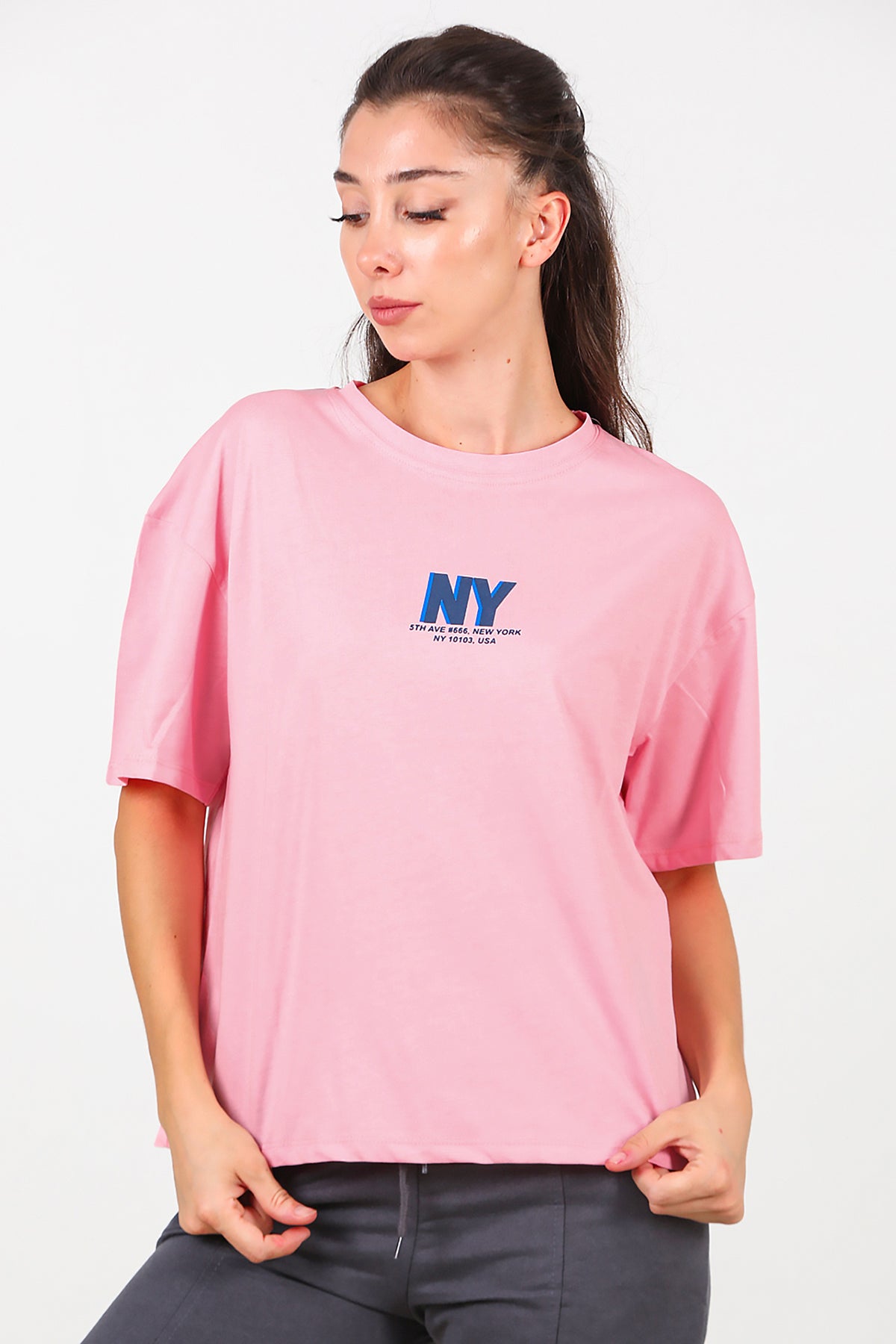 Kadın Ön Arka Baskılı T-Shirt Pembe