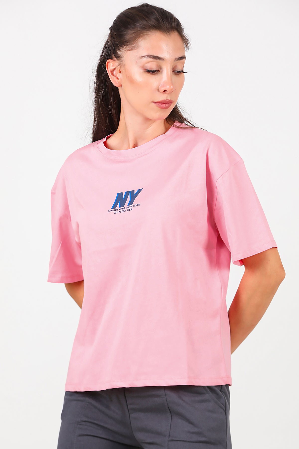 Kadın Ön Arka Baskılı T-Shirt Pembe