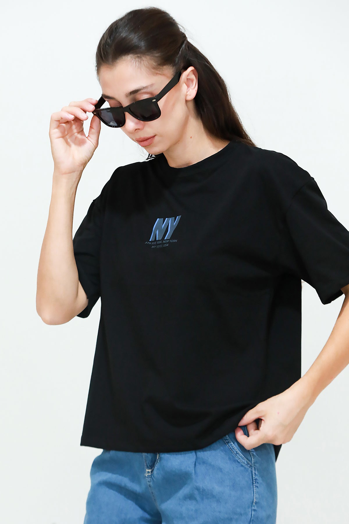 Kadın Ön Arka Baskılı T-Shirt Siyah