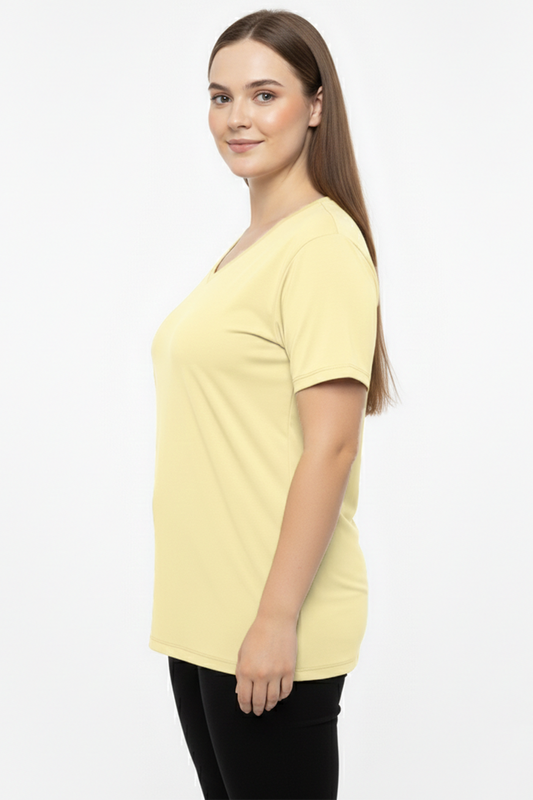 Comftee Büyük Beden Oversize V Yaka Tshırt Sarı