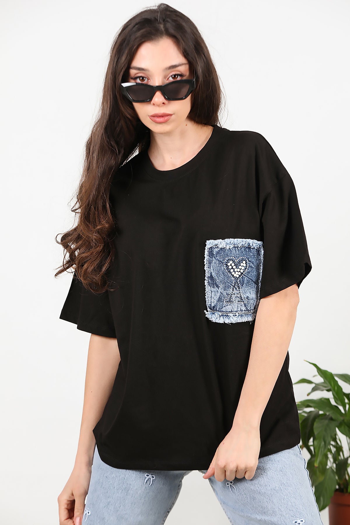 Kadın Cep Kot Detaylı Tshirt Siyah