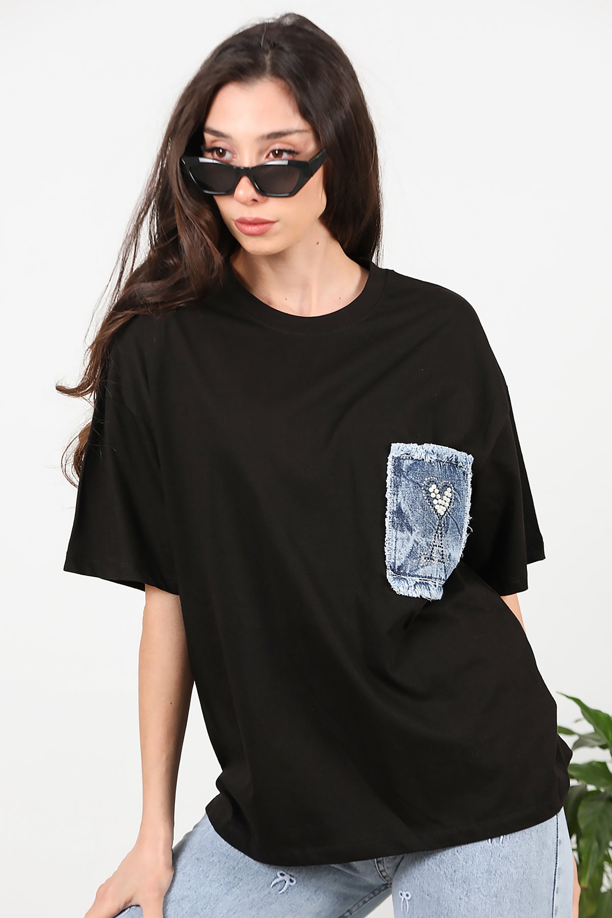 Kadın Cep Kot Detaylı Tshirt Siyah