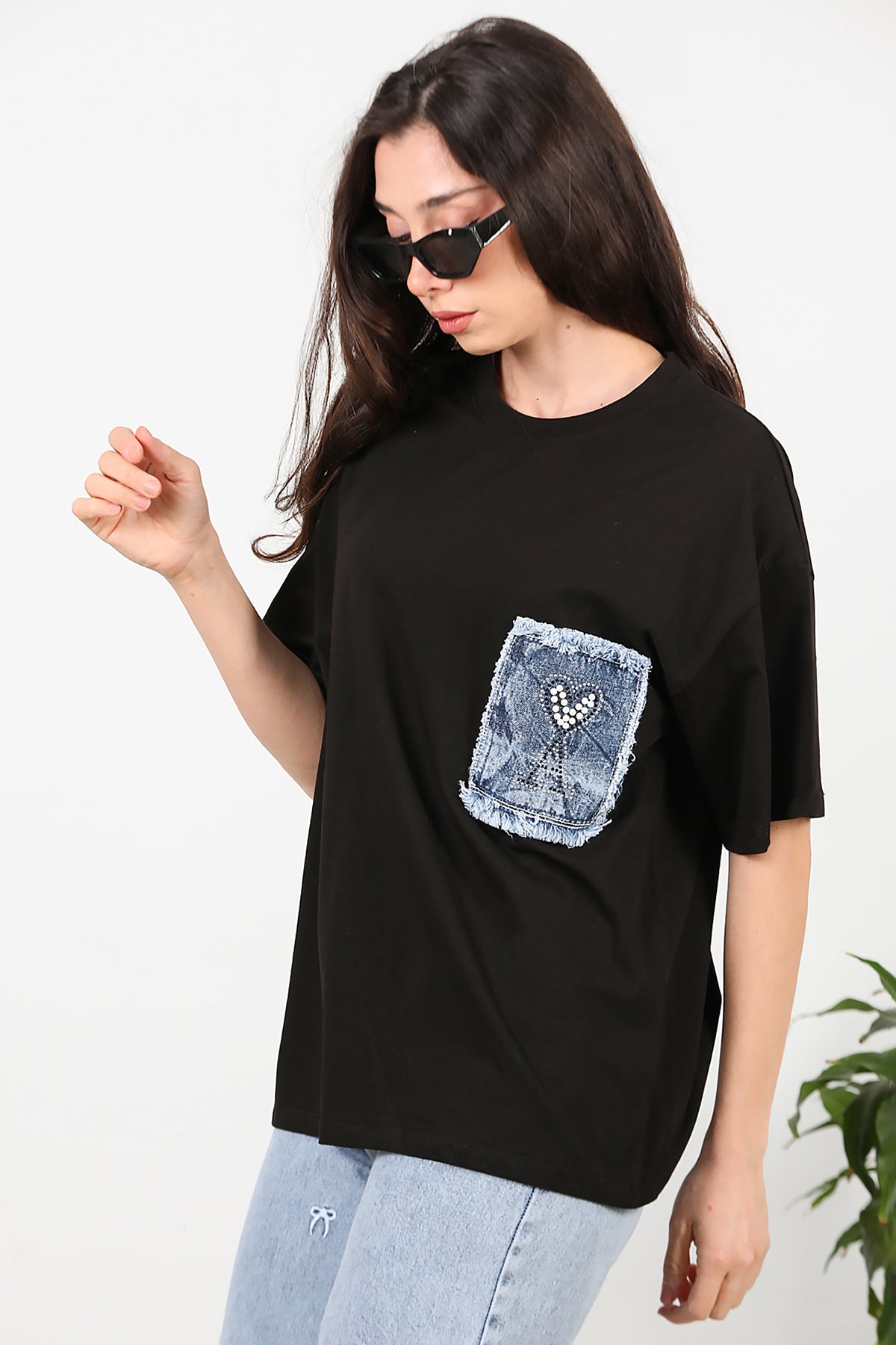 Kadın Cep Kot Detaylı Tshirt Siyah
