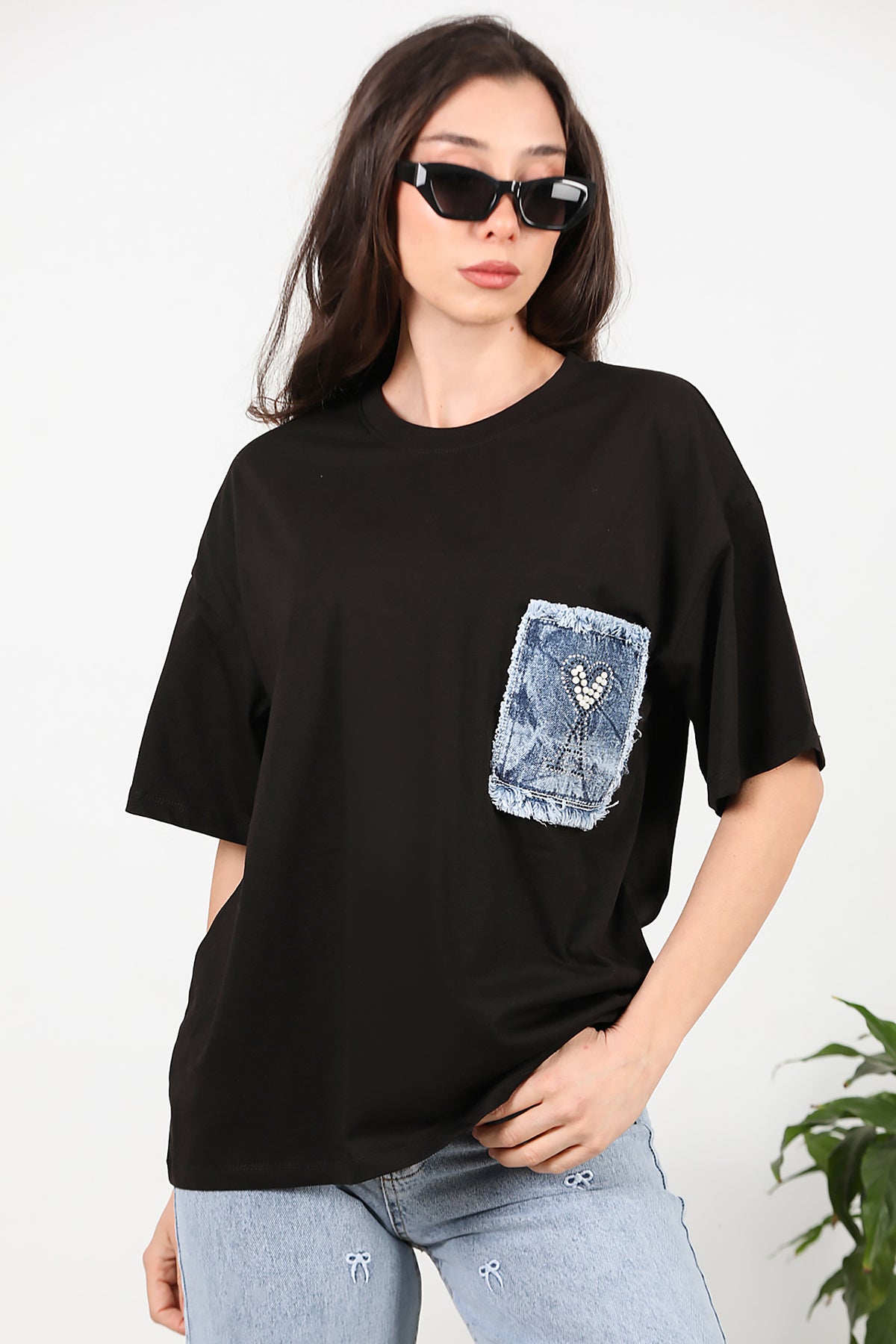 Kadın Cep Kot Detaylı Tshirt Siyah
