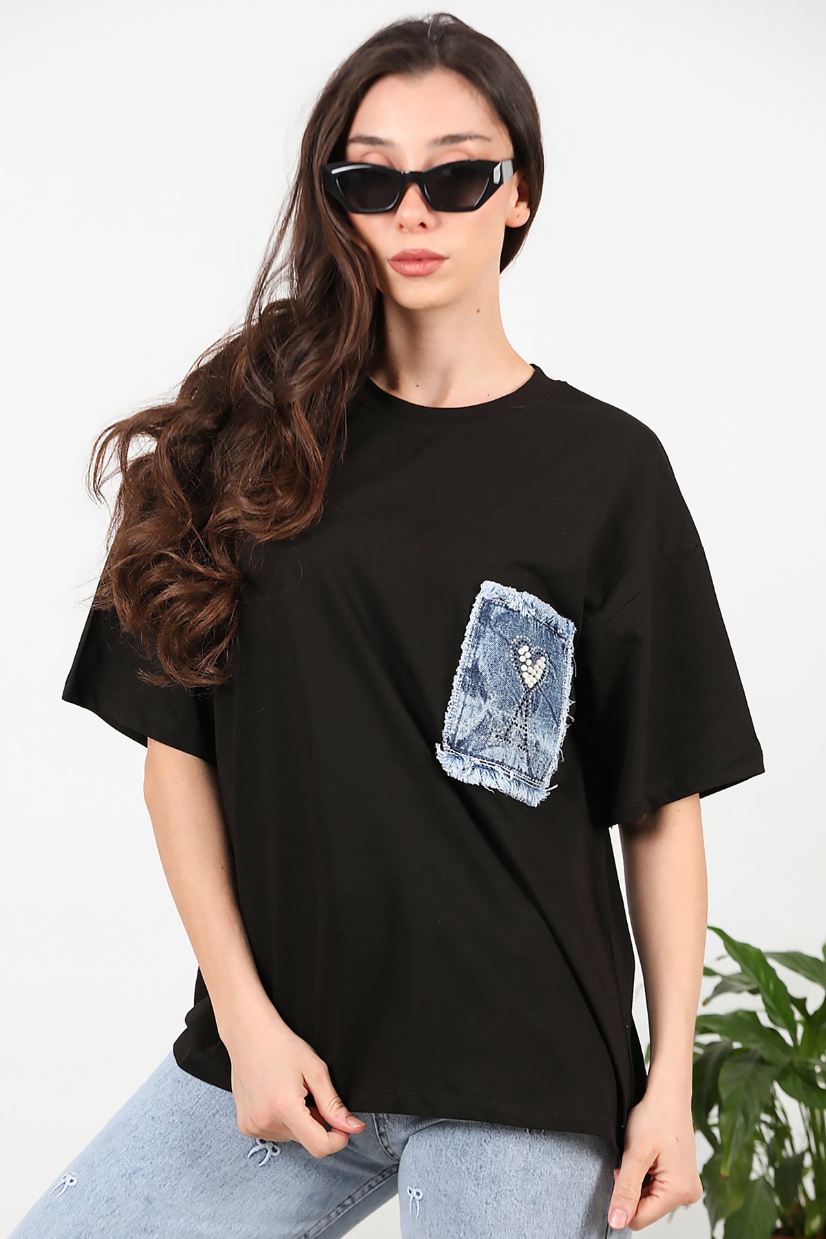 Kadın Cep Kot Detaylı Tshirt Siyah