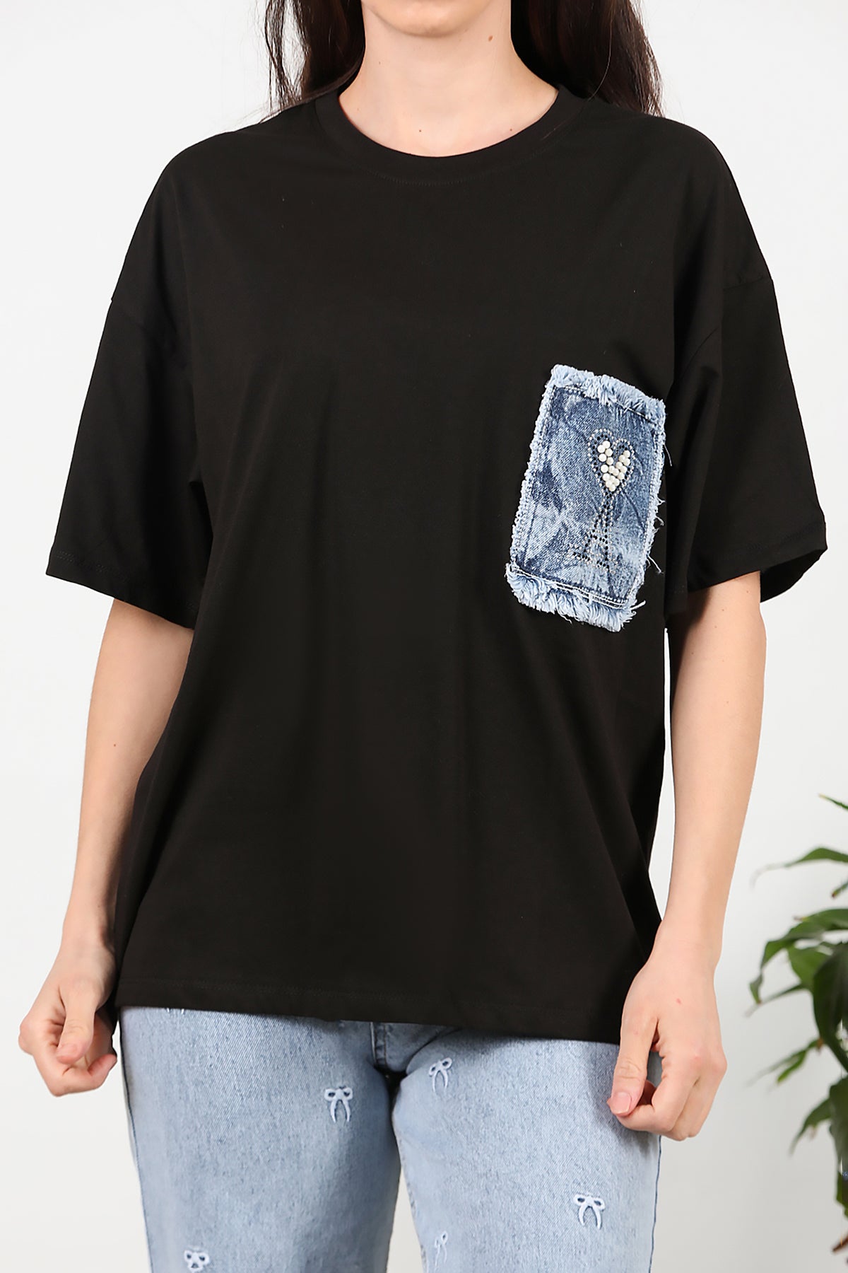 Kadın Cep Kot Detaylı Tshirt Siyah