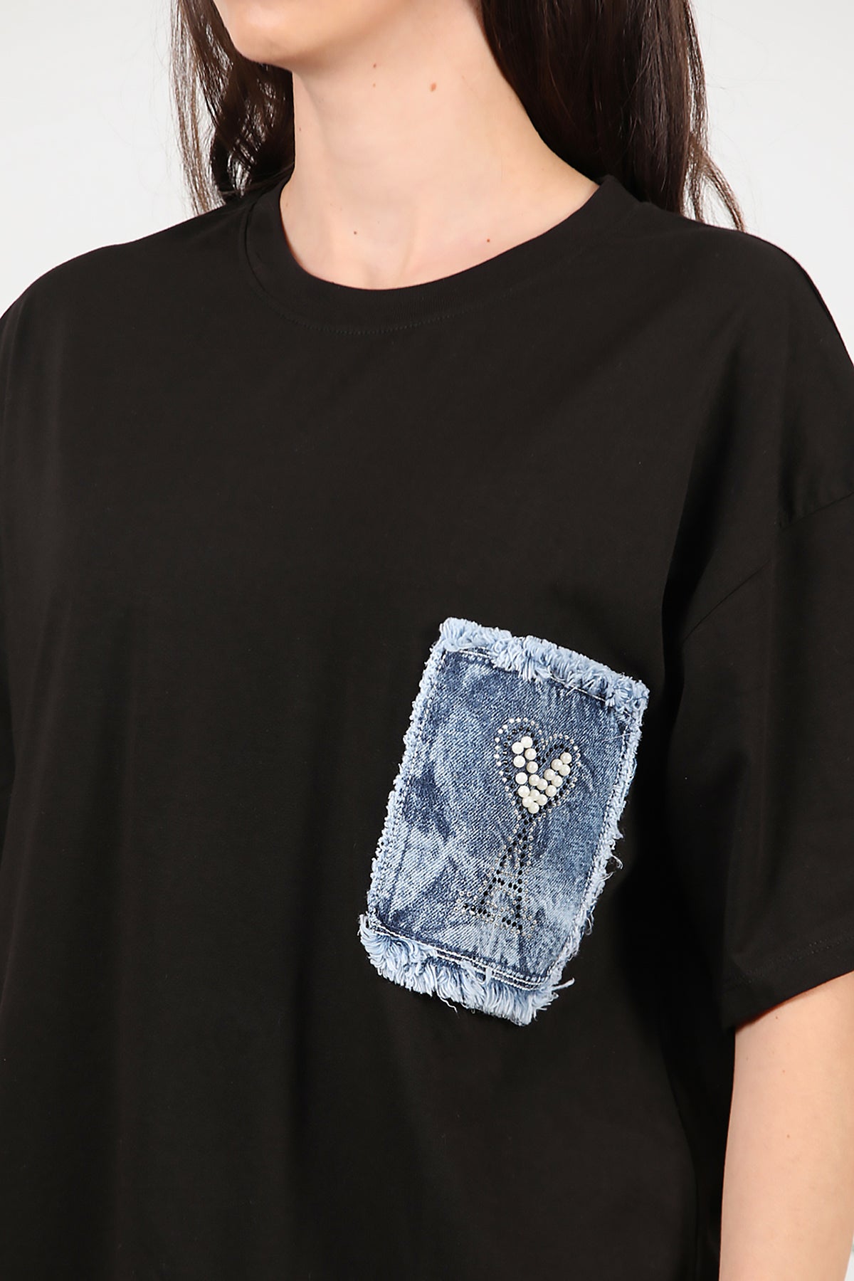 Kadın Cep Kot Detaylı Tshirt Siyah