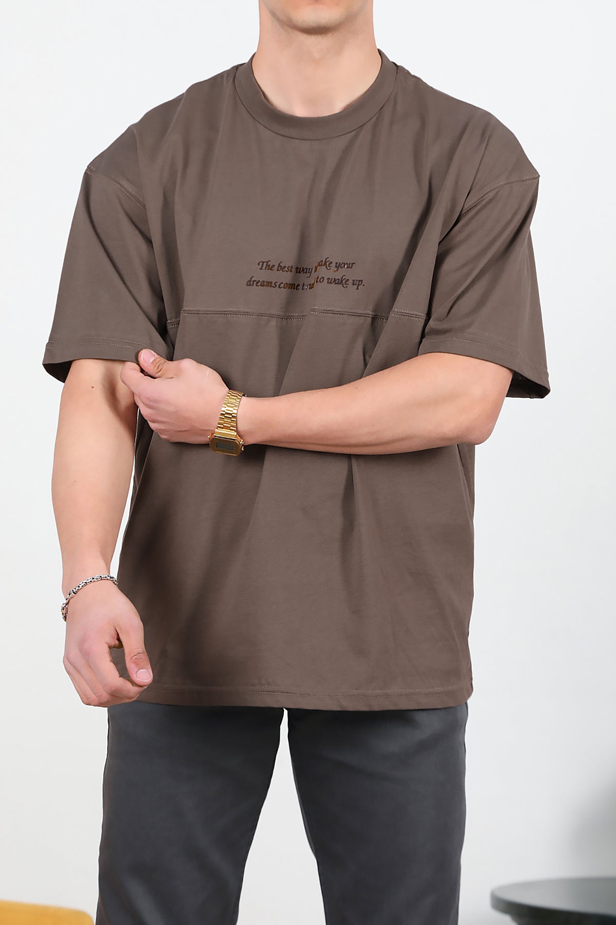 Erkek Yazılı Çimalı Oversize Tshirt Kahverengi