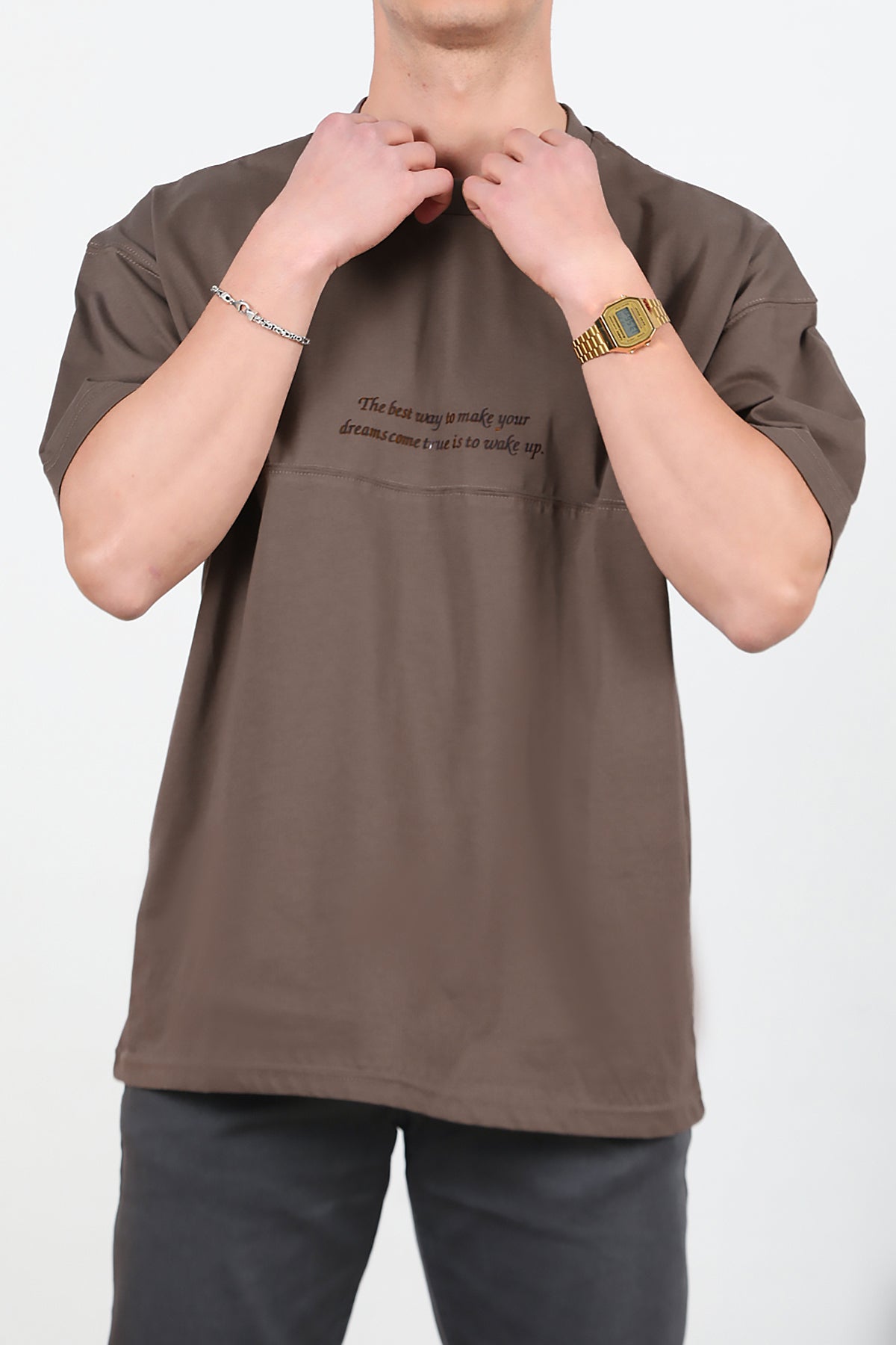 Erkek Yazılı Çimalı Oversize Tshirt Kahverengi