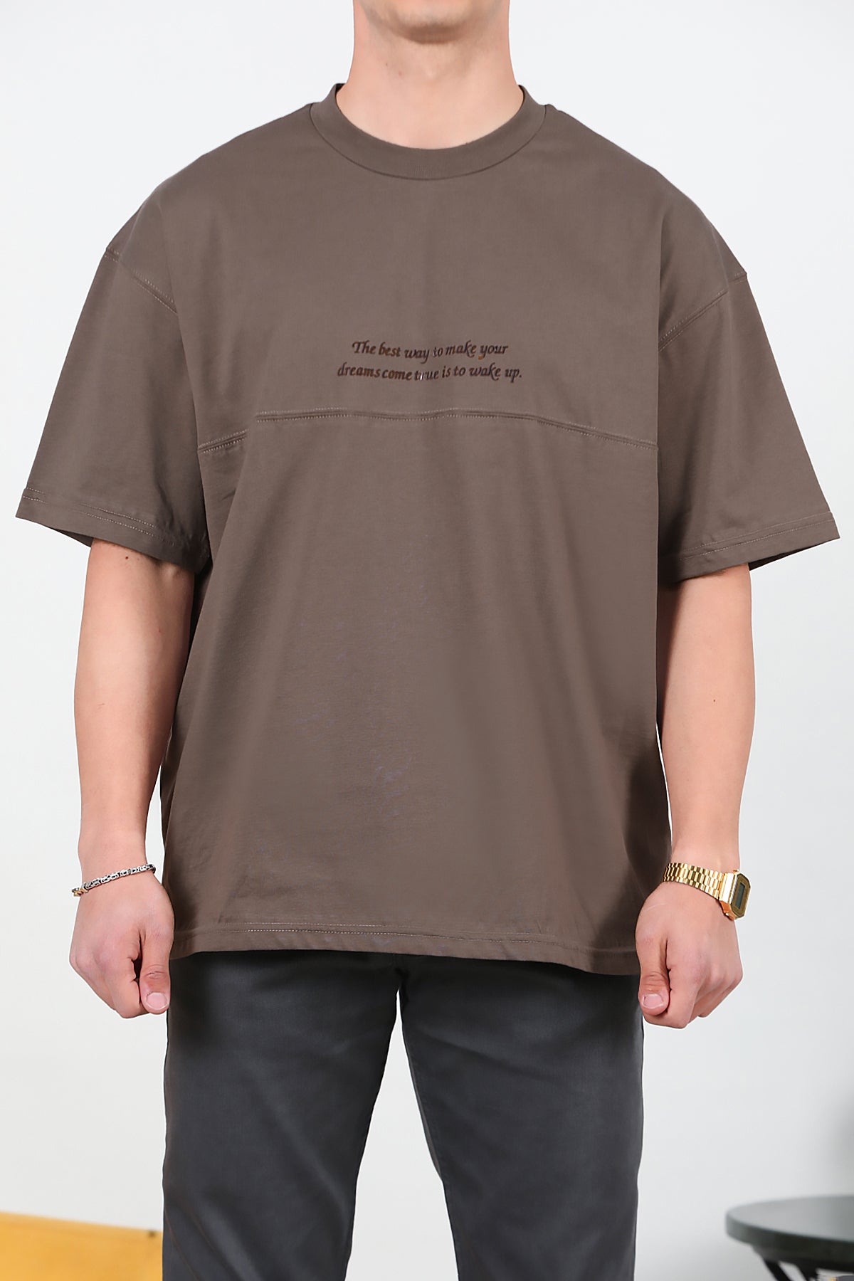Erkek Yazılı Çimalı Oversize Tshirt Kahverengi