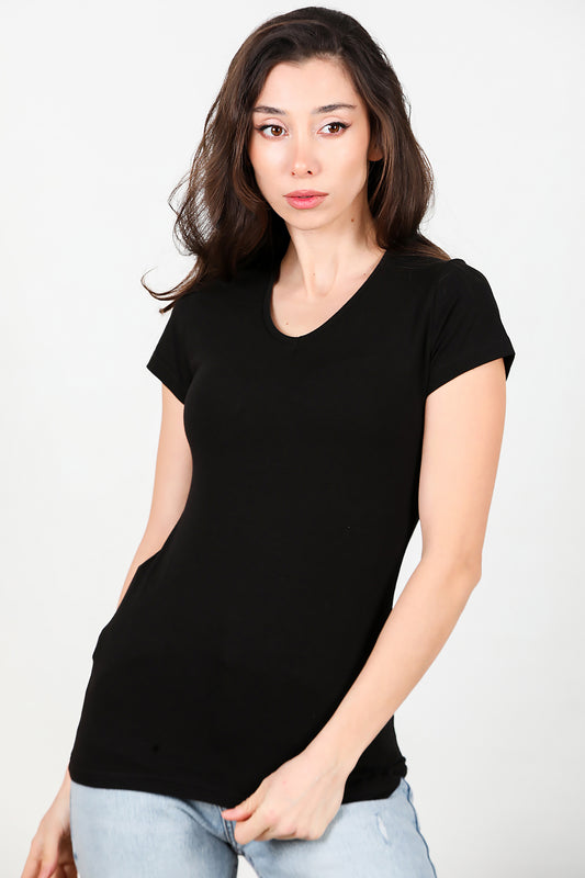 Kadın V Yaka T-shırt Siyah