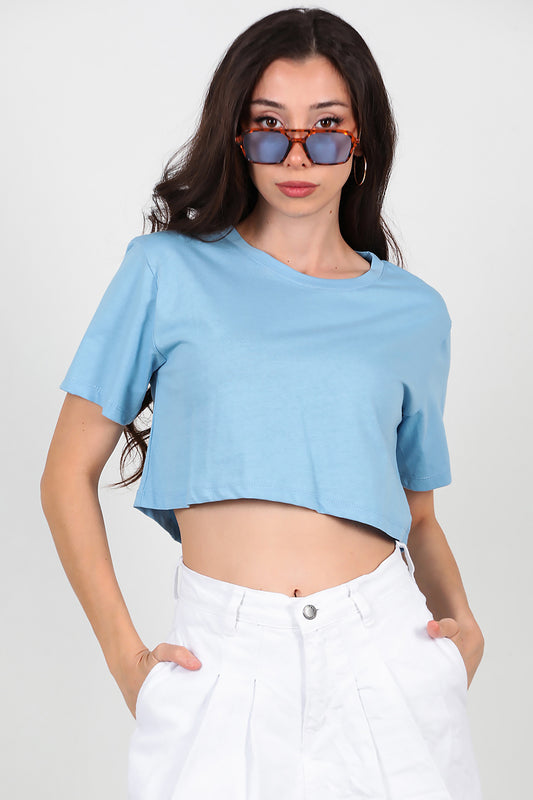 Boxy Kadın Kısa T-shırt Mavi