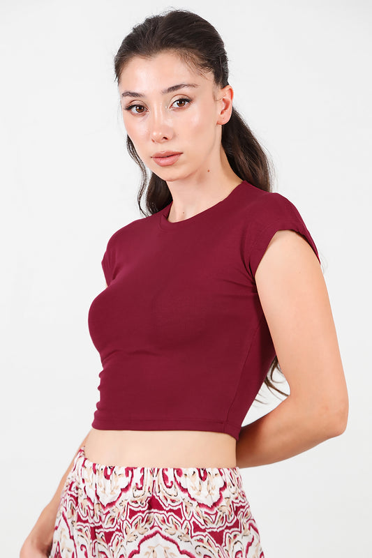 Kadın Düşük Omuz Kısa T-Shirt Bordo
