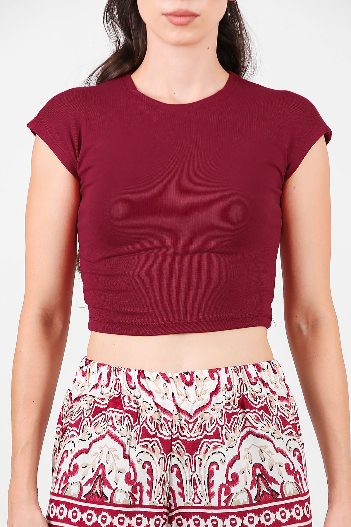Kadın Düşük Omuz Kısa T-Shirt Bordo