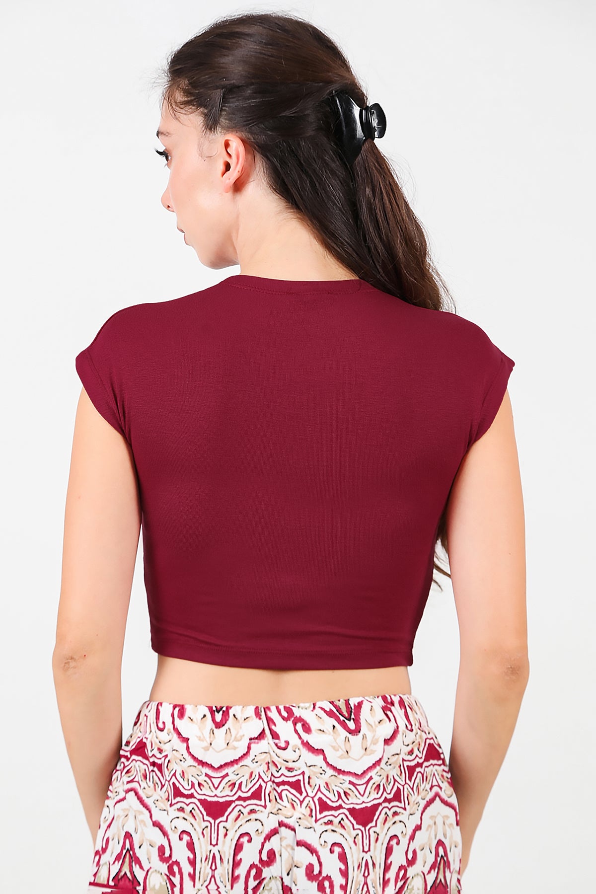 Kadın Düşük Omuz Kısa T-Shirt Bordo