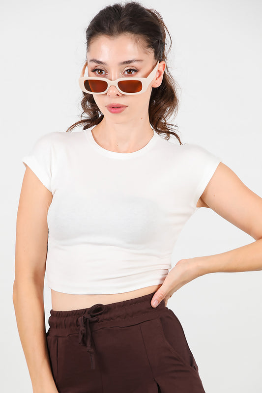 Kadın Düşük Omuz Kısa T-Shirt Ekru